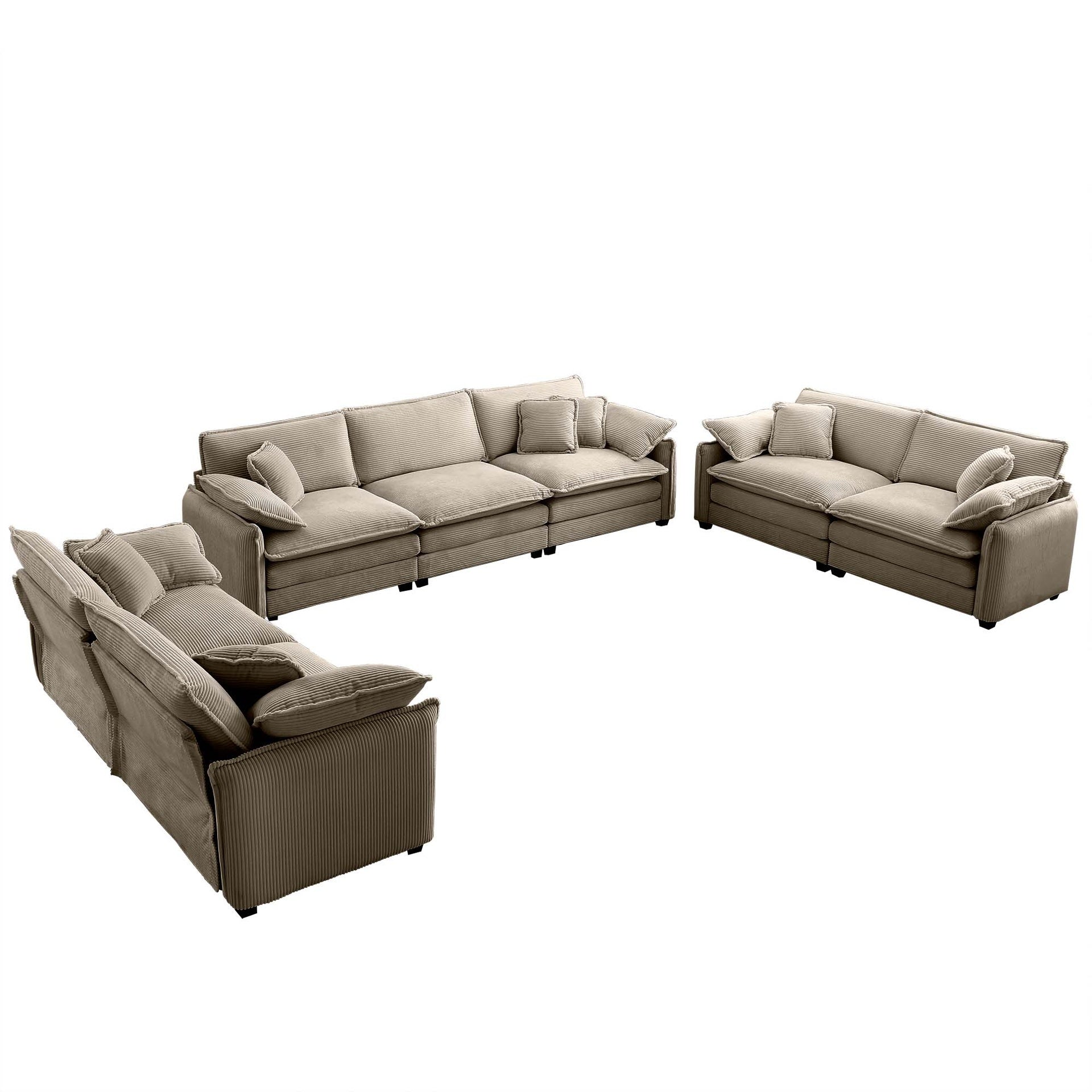 Modern Living Room Sofa 3 Pieces Set, Two 2-Seater Sofas and One 3-Seater Sofas, Upholstery Large Deep Seat Sofa with sofat Cushion and Pillowss,Tan Corduroy