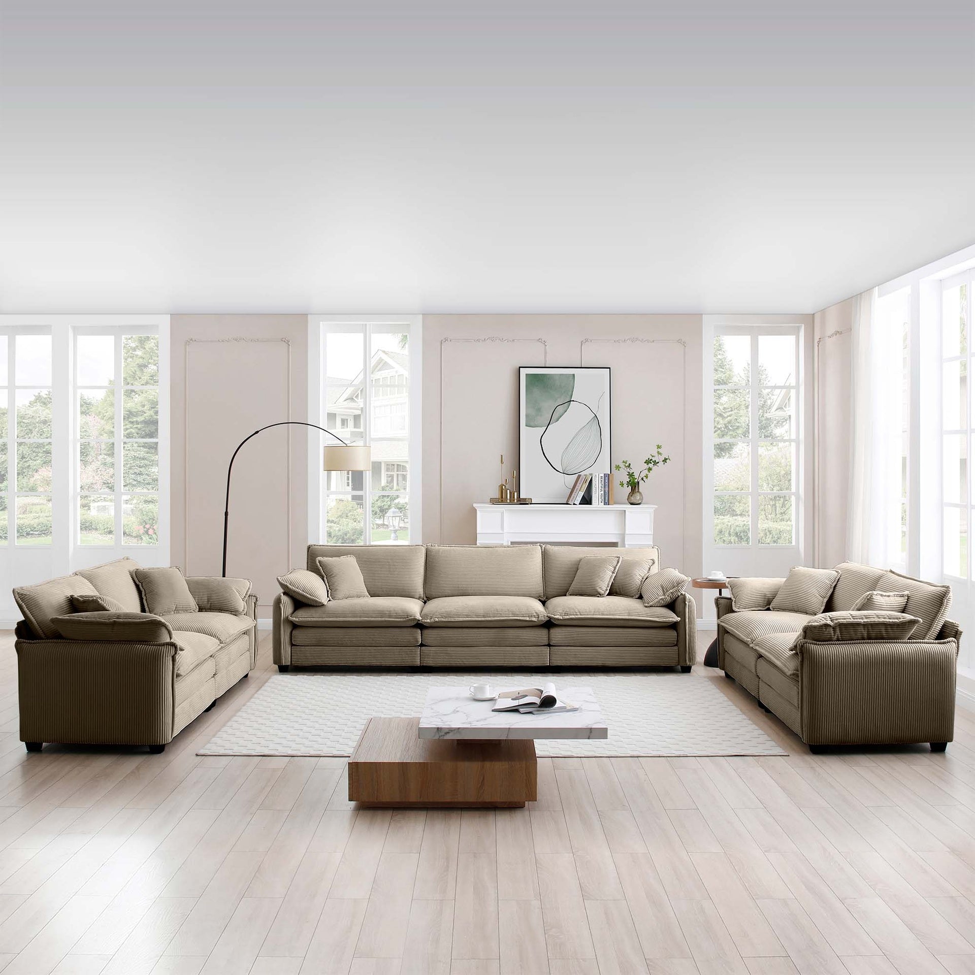 Modern Living Room Sofa 3 Pieces Set, Two 2-Seater Sofas and One 3-Seater Sofas, Upholstery Large Deep Seat Sofa with sofat Cushion and Pillowss,Tan Corduroy