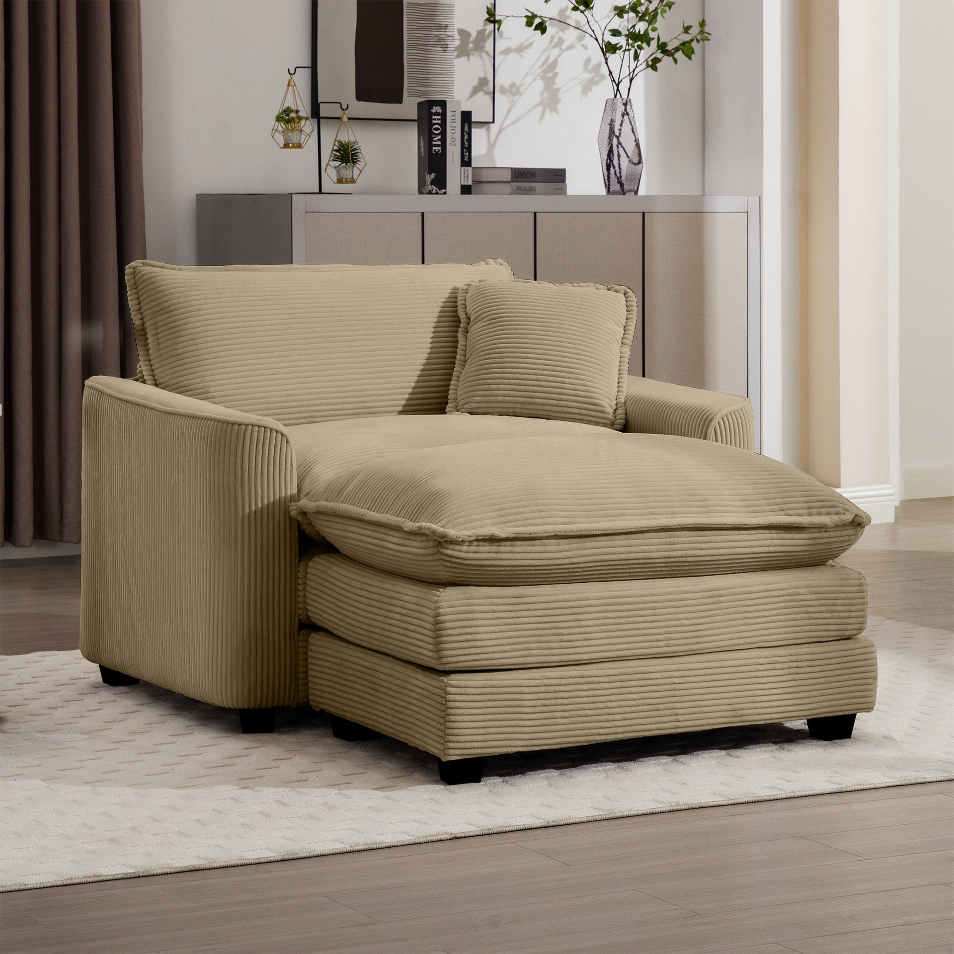 Comfortable Single Chair Deep Seat Sofa With Footstool With One Pillow, Suitable for Living Room and Bedroom, Club Multiple Occasions, Tan Corduroy Fabric