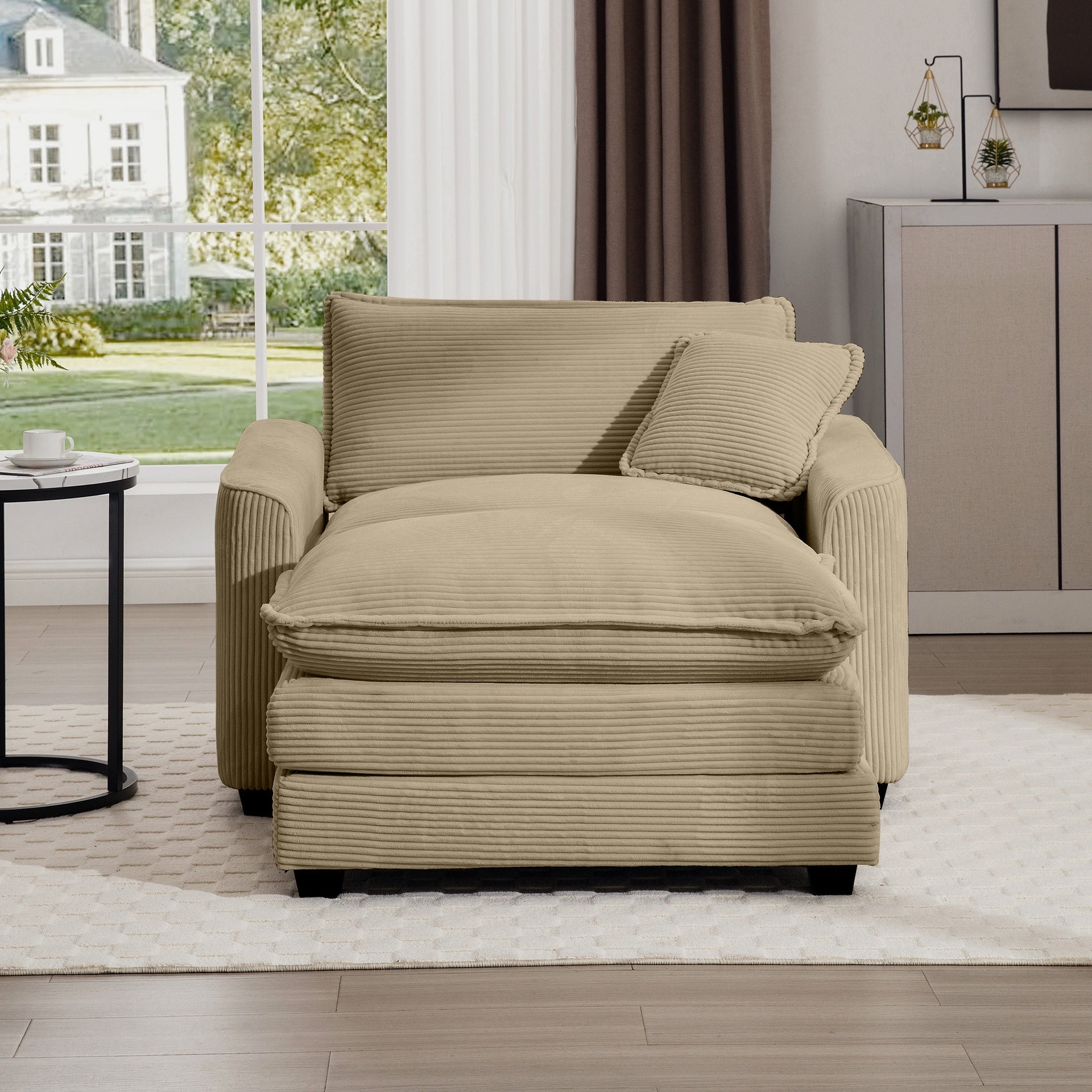 Comfortable Single Chair Deep Seat Sofa With Footstool With One Pillow, Suitable for Living Room and Bedroom, Club Multiple Occasions, Tan Corduroy Fabric