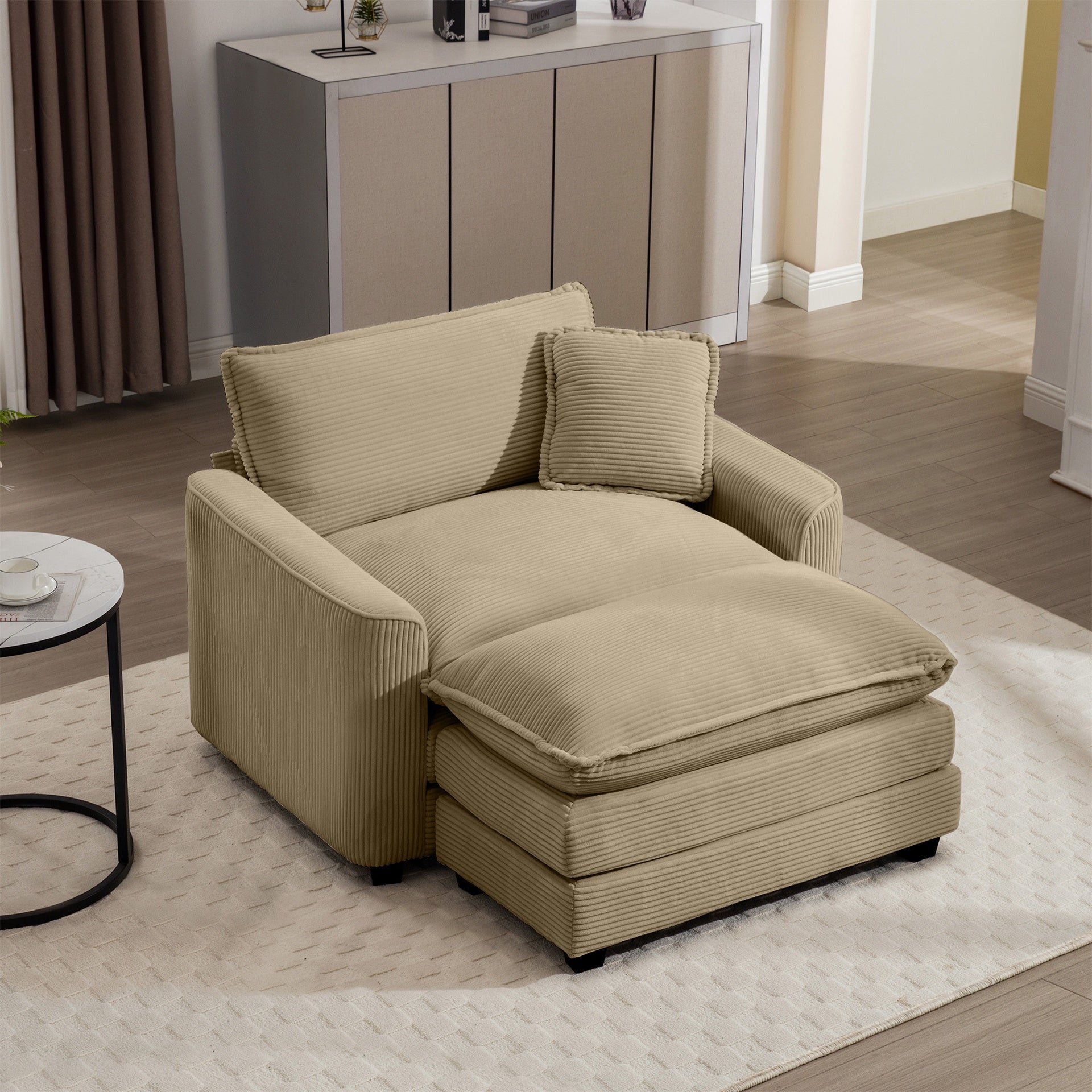 Comfortable Single Chair Deep Seat Sofa With Footstool With One Pillow, Suitable for Living Room and Bedroom, Club Multiple Occasions, Tan Corduroy Fabric