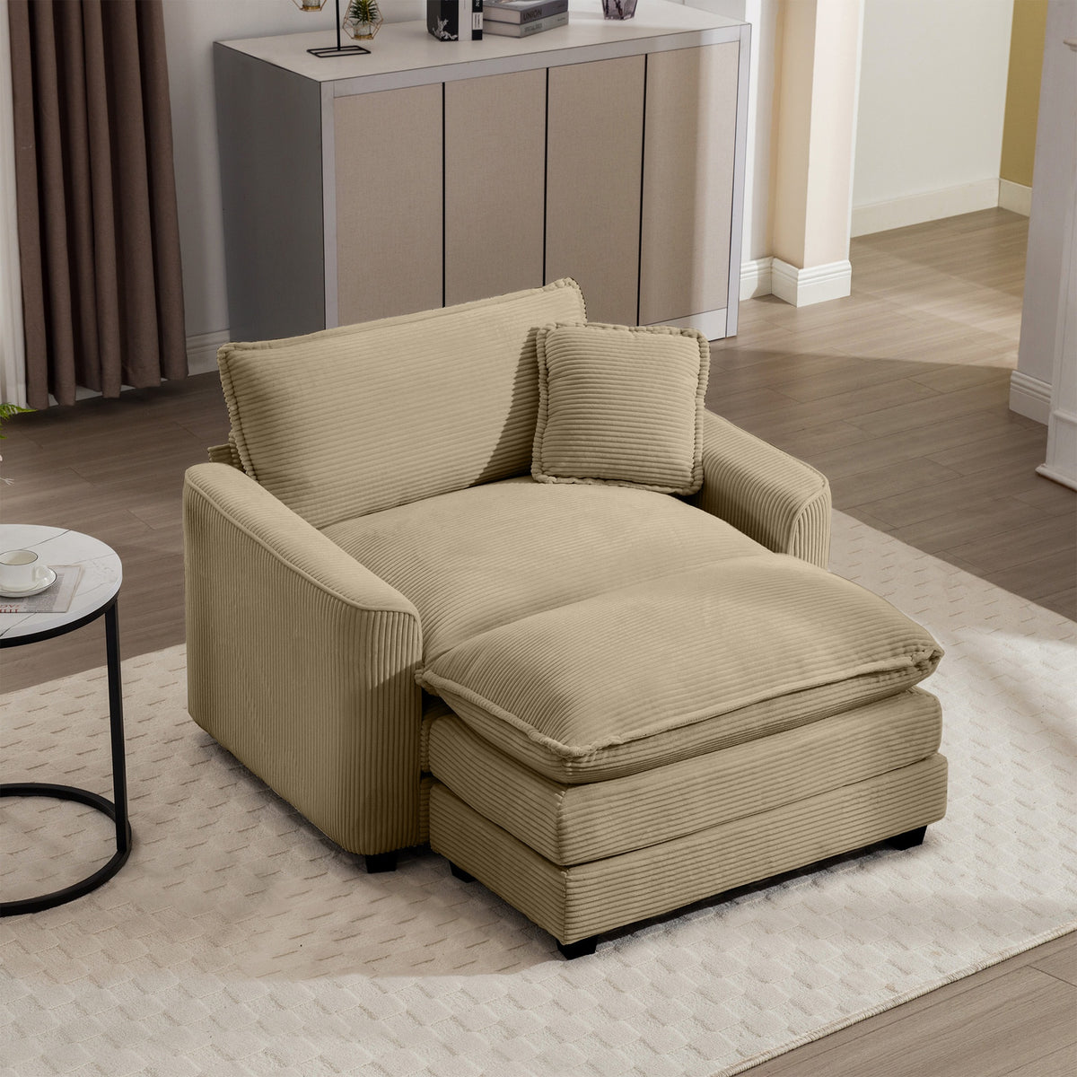 Comfortable Single Chair Deep Seat Sofa With Footstool With One Pillow, Suitable for Living Room and Bedroom, Club Multiple Occasions, Tan Corduroy Fabric