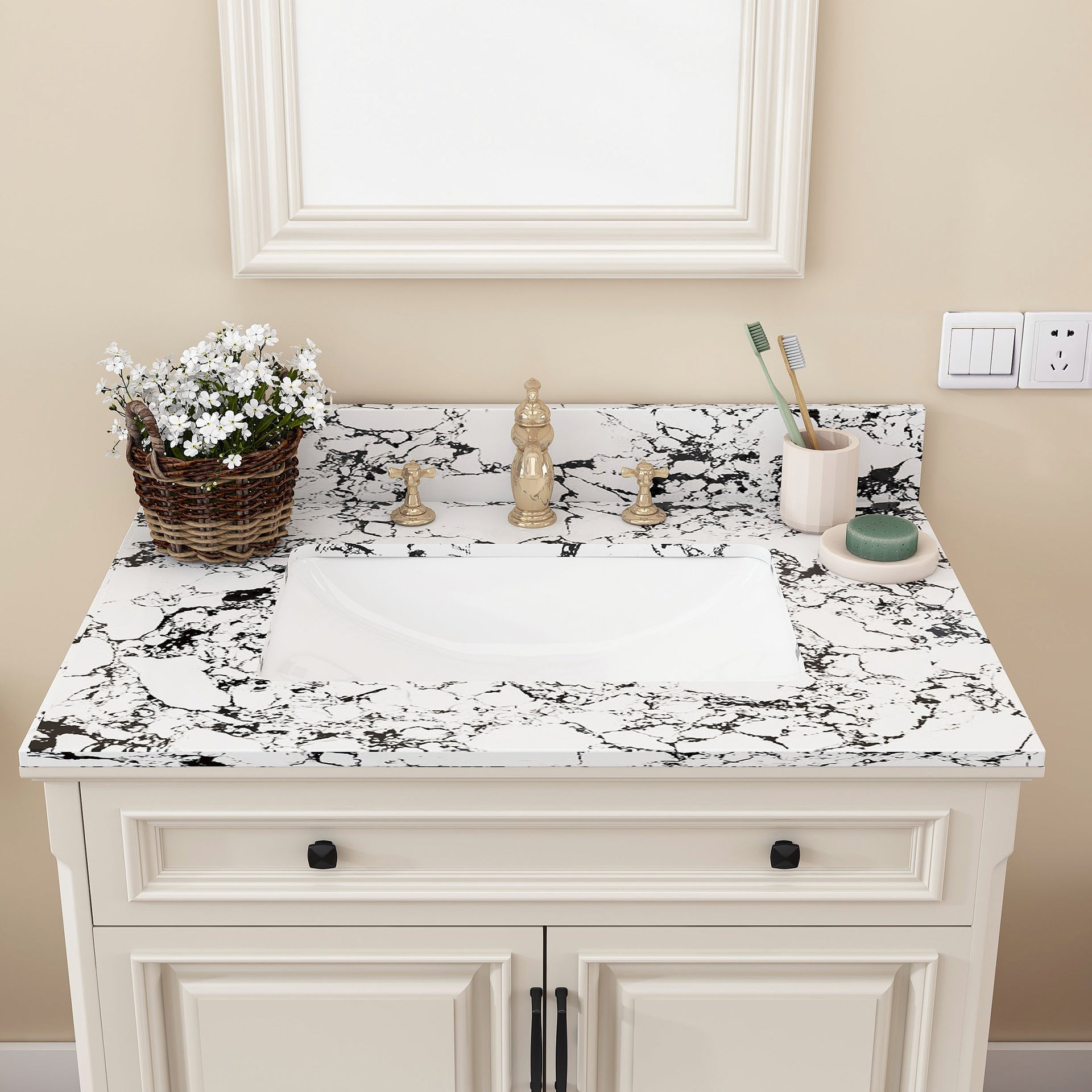 31"x22" Bathroom Vanity Top, with Undermount Ceramic Sink and Backsplash, artificial marble Bathroom Vanity Top with 3 Faucet Holes, New Carrara white and black( only Bathroom Vanity Top )