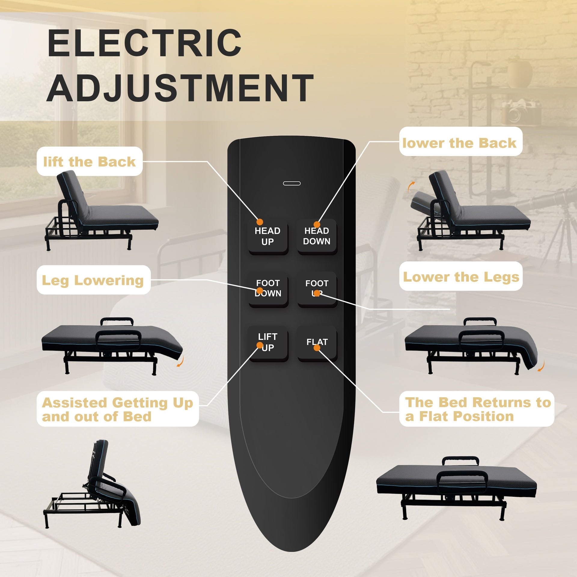 Electric Lift Bed for Seniors - Wired Remote Control with One-Touch Backrest Lift & Leg Lowering, Fall-Safe Rails, Safe Standing/Sitting/Lying Aid