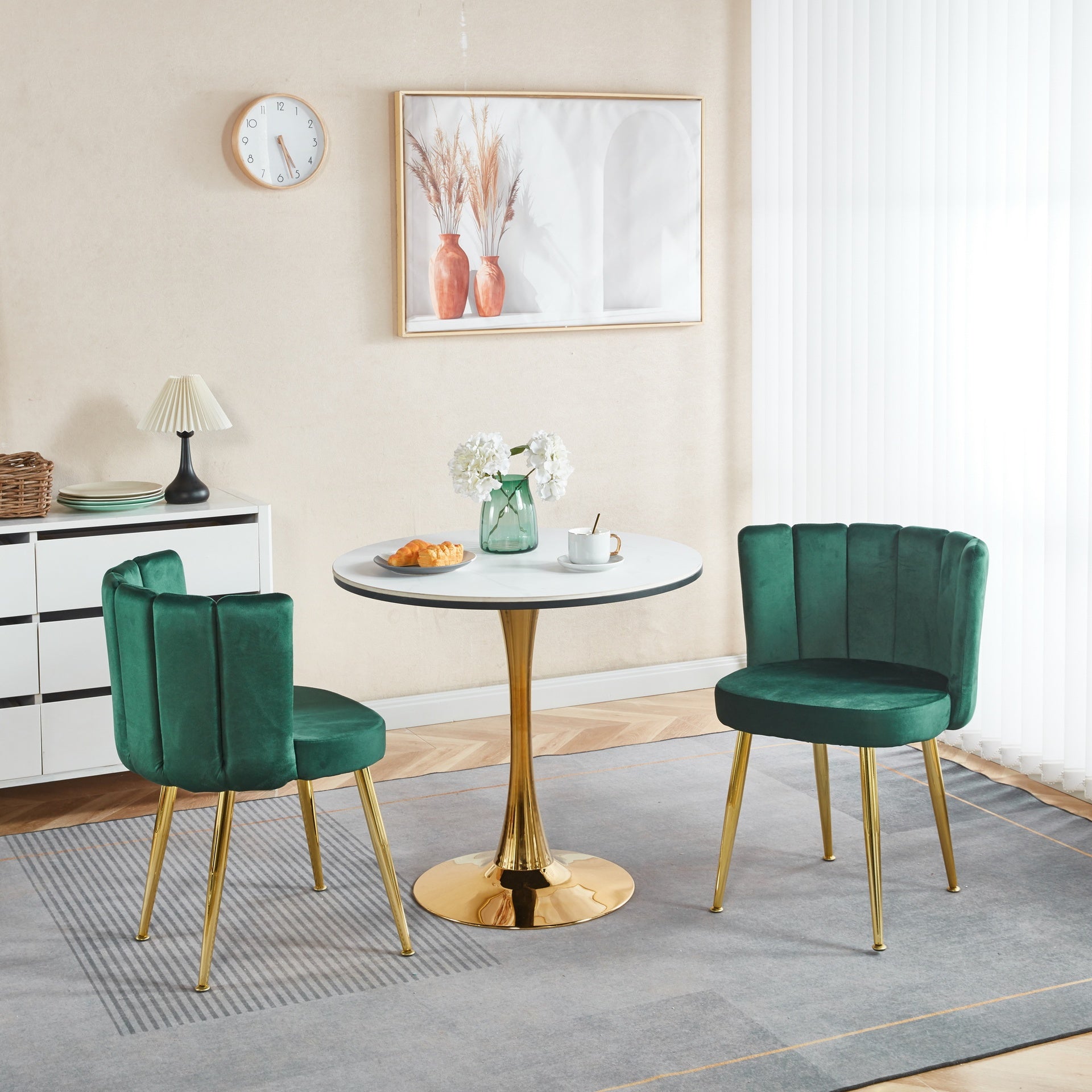 Modern GREEN  dining chair(set of 2 ) with iron tube golden color legs, velvet and comfortable backrest, suitable for dining room, living room, cafe, simple structure.