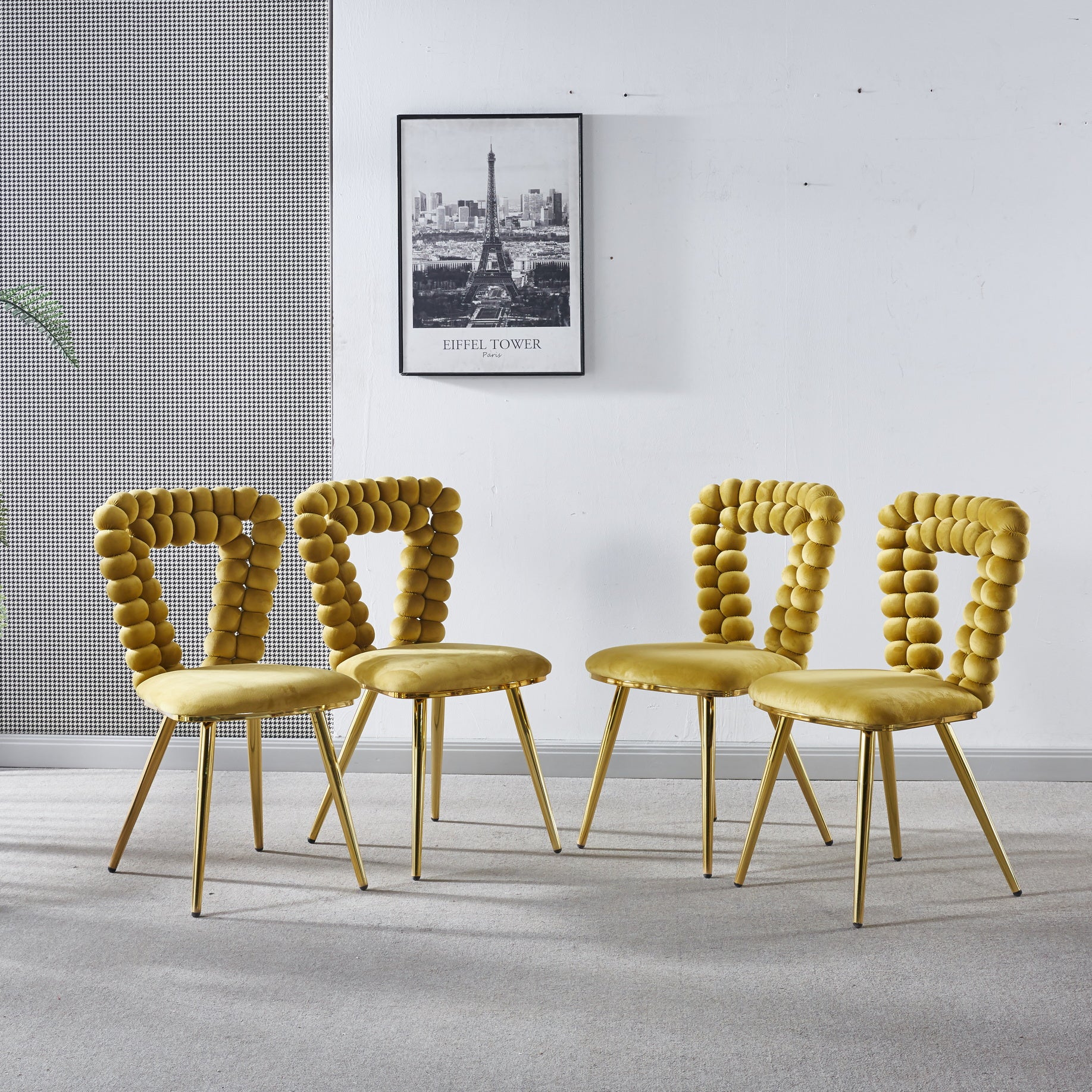 yellow and gold Modern chair(set of 4 ) with iron tube legs, soft cushions and comfortable backrest, suitable for dining room, living room, cafe,hairball back