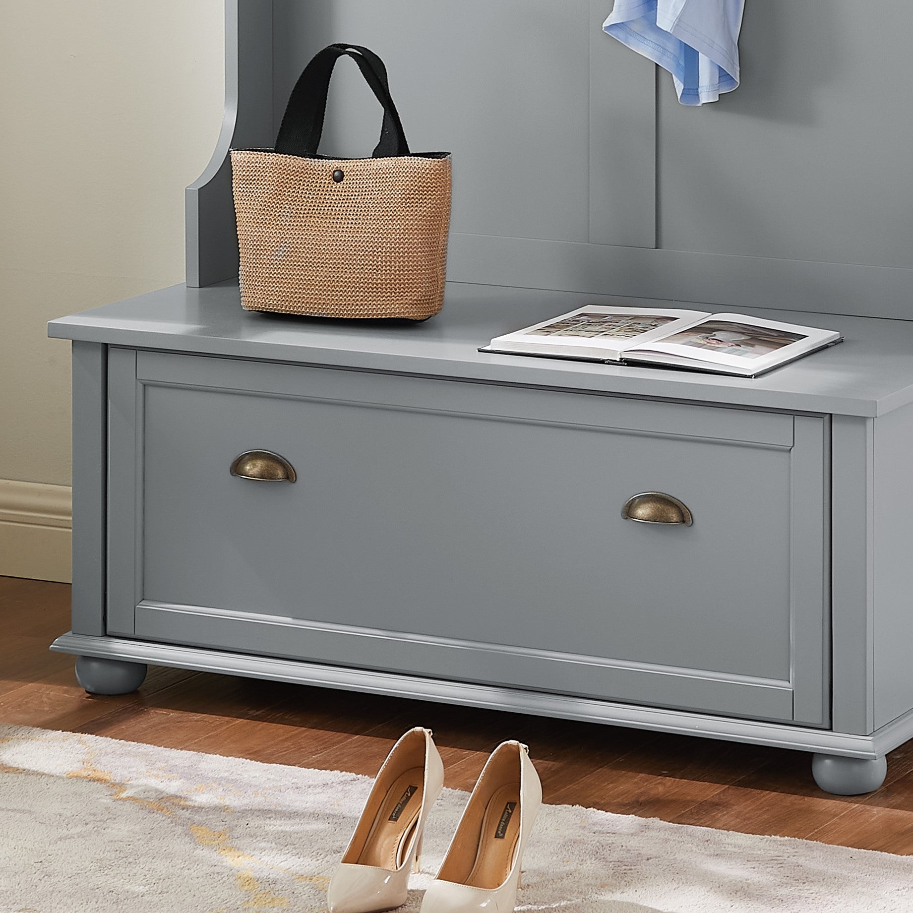 Modern Classic Hall Tree with Shoe Rack Bench and Coat Hooks for Hanging Storage, Entryway Bench with Open Shelves and Shoe Cabinets 40.16"W*18.58"D*64.17"H GRAY