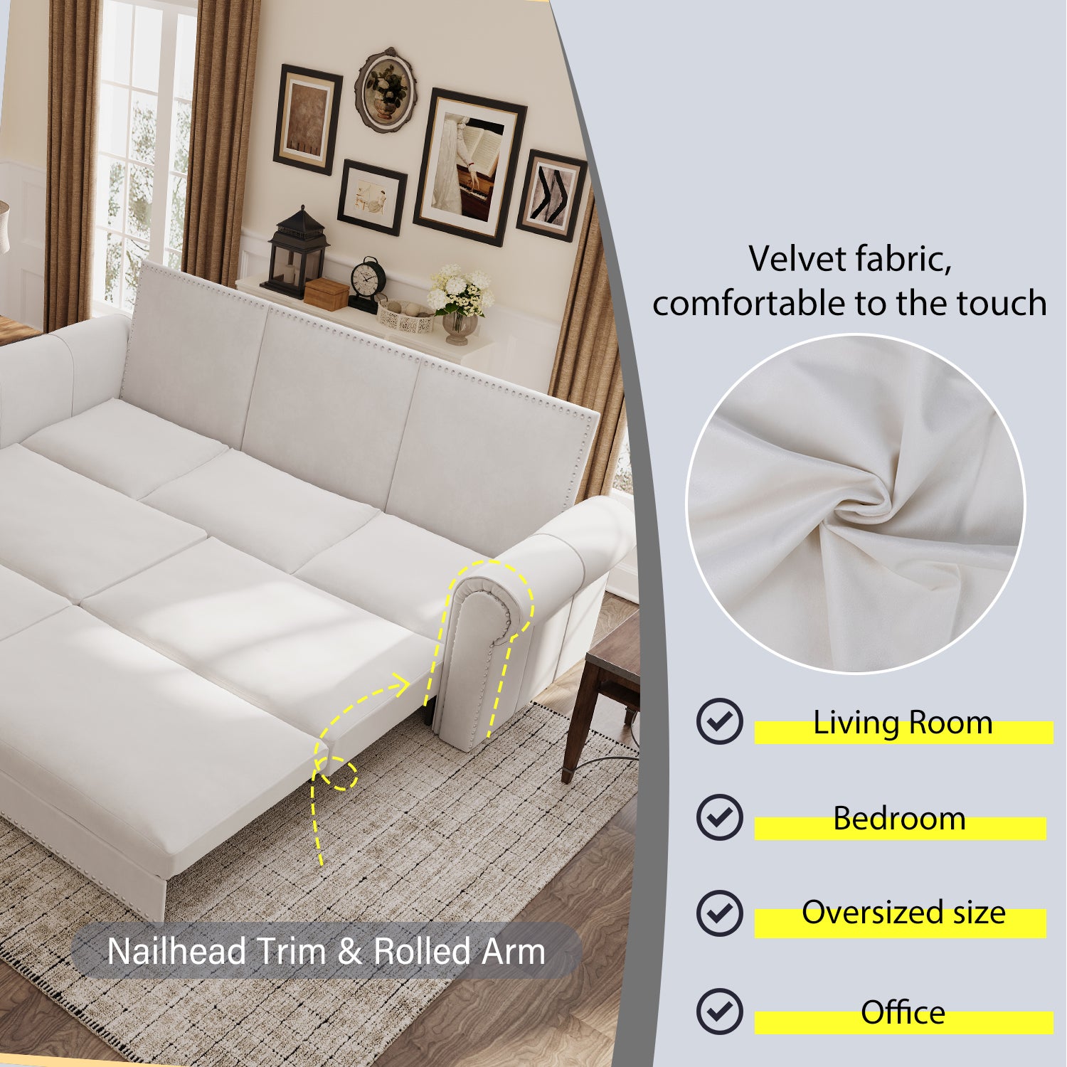 Chesterfield Sofa,93.7" King Pull Out Sofa Bed, 3-in-1 Velvet Convertible Sleeper Sofa with Nailhead Trim & Rolled Arm,Multi-Functional Sofa Bed for Living Room,Office,Beige/White(new sku:W1885S00097)