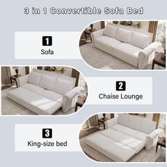 Chesterfield Sofa,93.7" King Pull Out Sofa Bed, 3-in-1 Velvet Convertible Sleeper Sofa with Nailhead Trim & Rolled Arm,Multi-Functional Sofa Bed for Living Room,Office,Beige/White(new sku:W1885S00097)