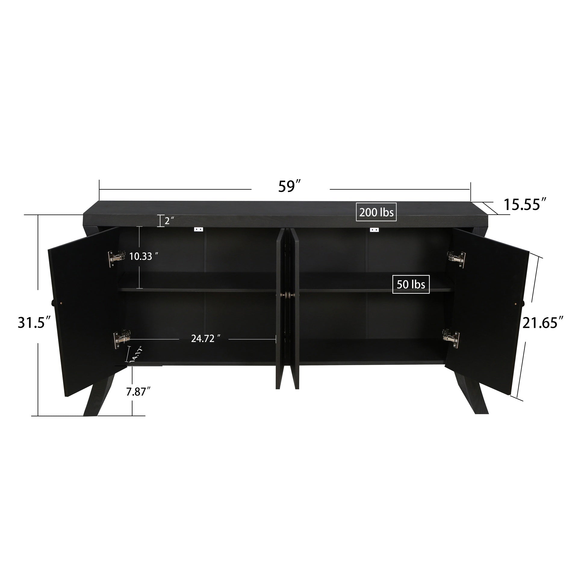 Refined Industrial 4-Door Credenza with Wooden Arc Legs & Bronze Clasps – Advanced Storage Design, Solid Craftsmanship, Black