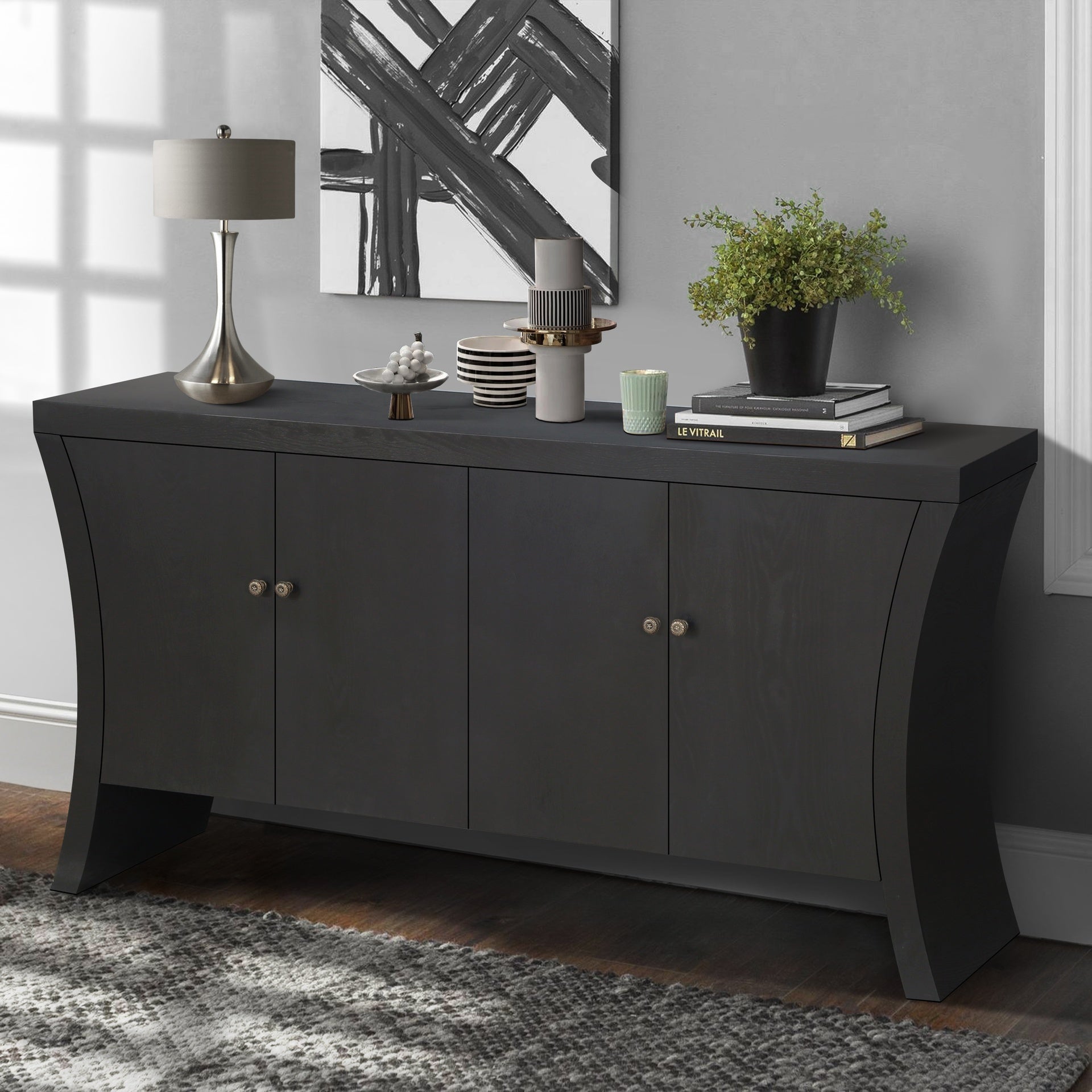 Refined Industrial 4-Door Credenza with Wooden Arc Legs & Bronze Clasps – Advanced Storage Design, Solid Craftsmanship, Black