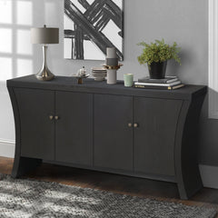 Refined Industrial 4-Door Credenza with Wooden Arc Legs & Bronze Clasps – Advanced Storage Design, Solid Craftsmanship, Black