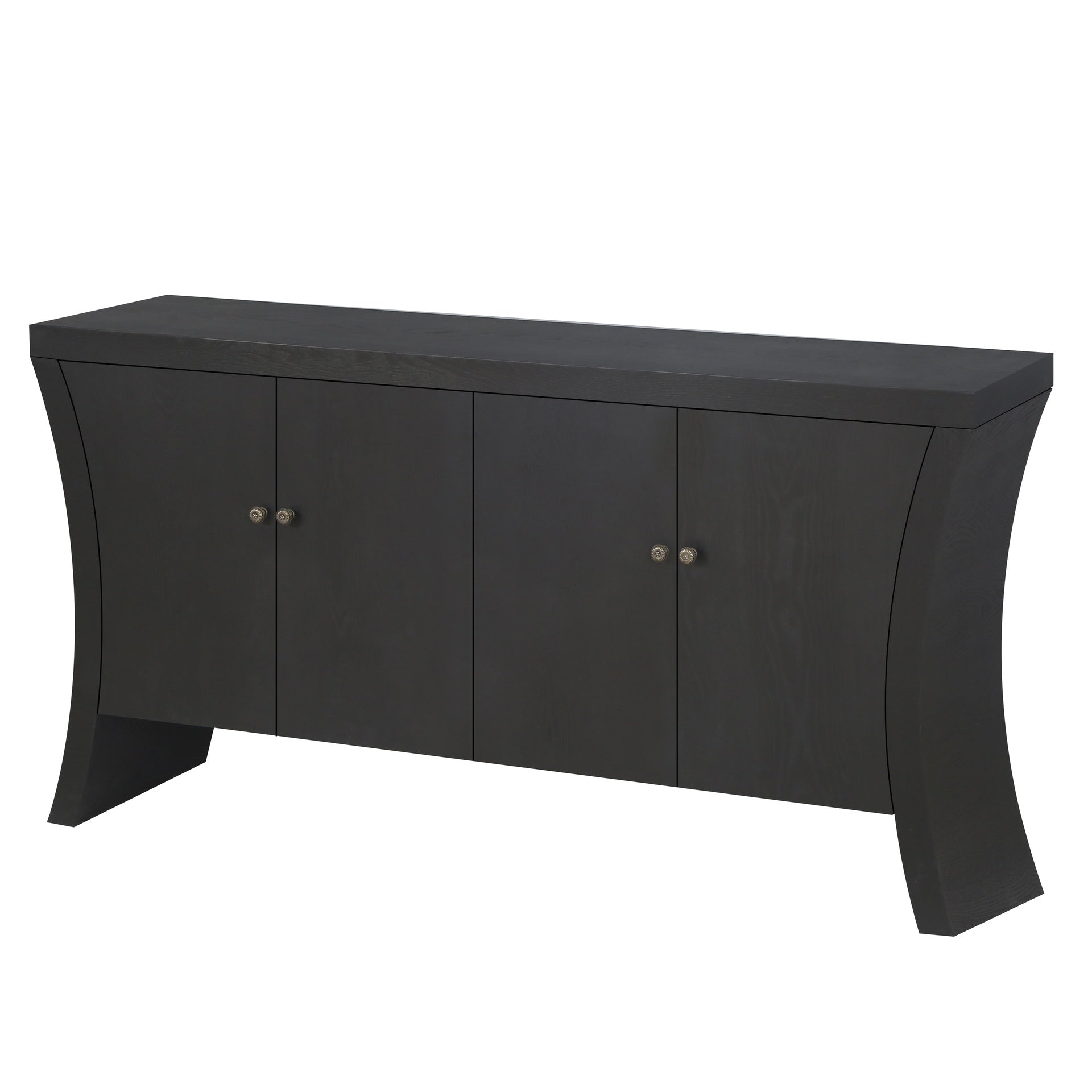 Refined Industrial 4-Door Credenza with Wooden Arc Legs & Bronze Clasps – Advanced Storage Design, Solid Craftsmanship, Black