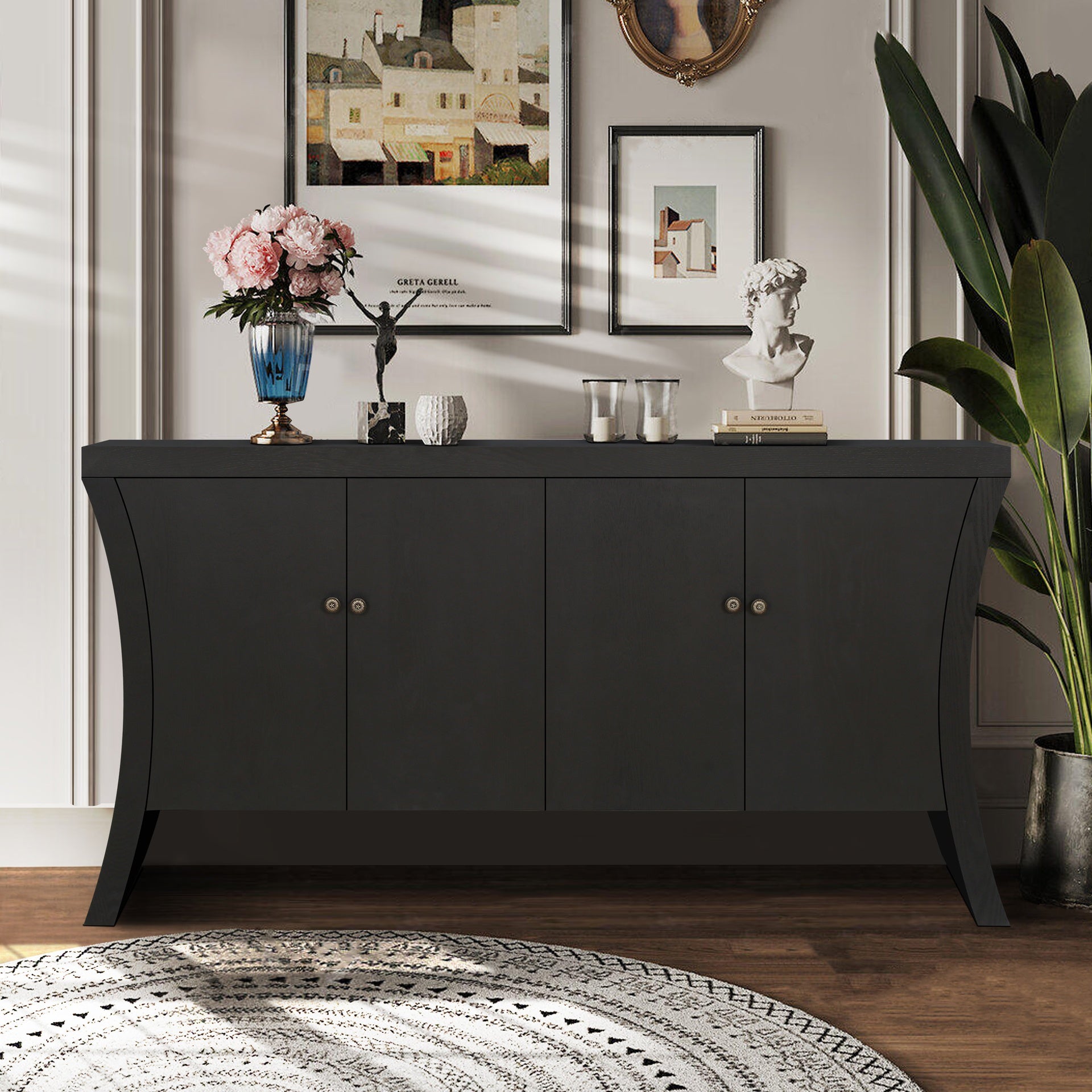 Refined Industrial 4-Door Credenza with Wooden Arc Legs & Bronze Clasps – Advanced Storage Design, Solid Craftsmanship, Black