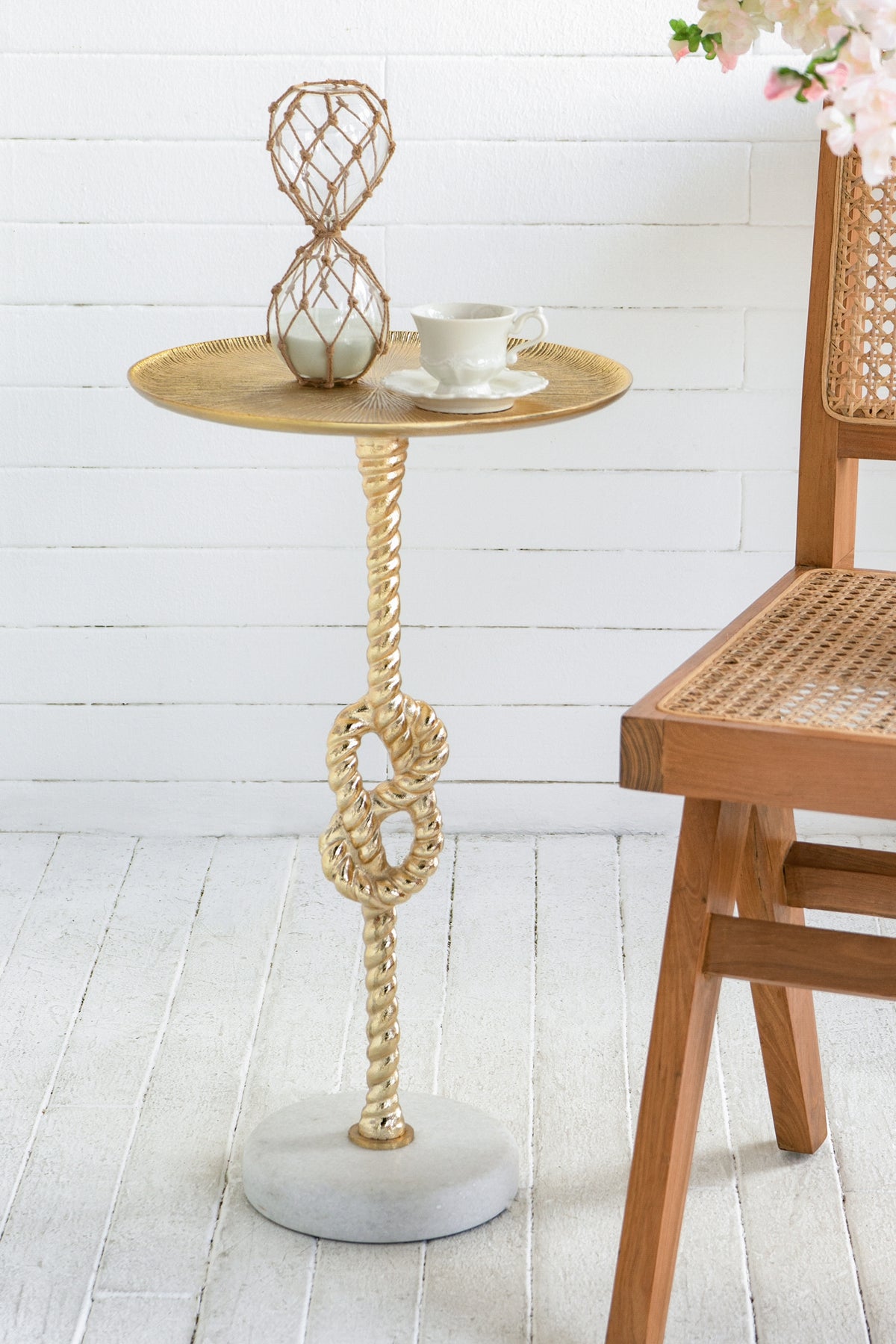 13.8x13.8x24" Gold Side Table With Rope Knot Design And White Marble Base