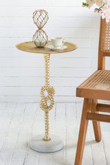 13.8x13.8x24" Gold Side Table With Rope Knot Design And White Marble Base