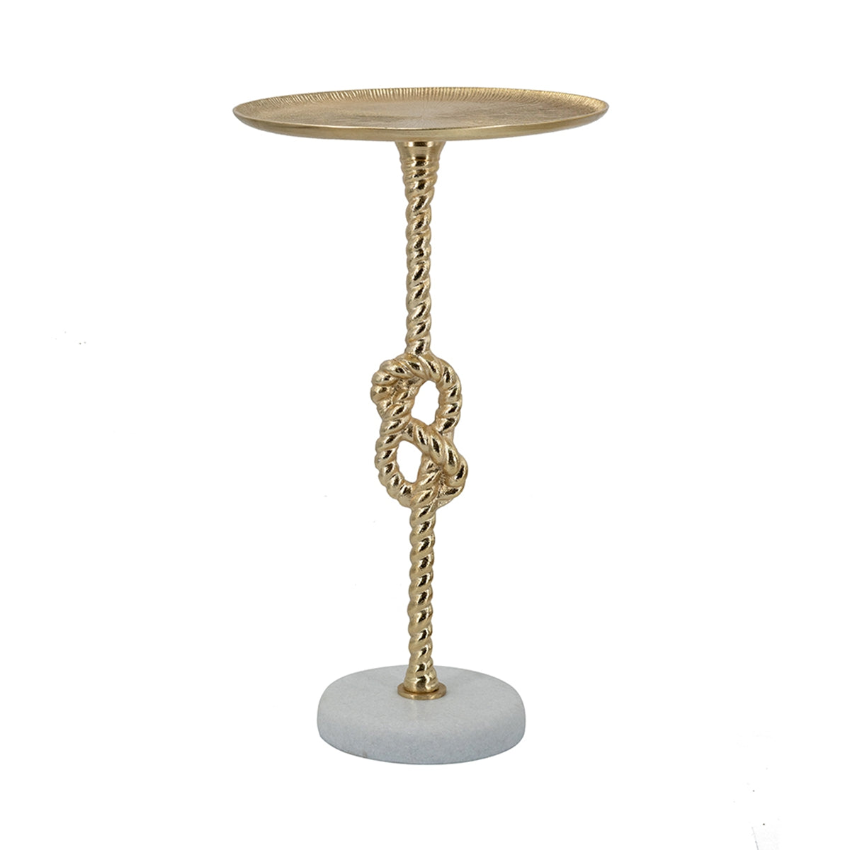 13.8x13.8x24" Gold Side Table With Rope Knot Design And White Marble Base