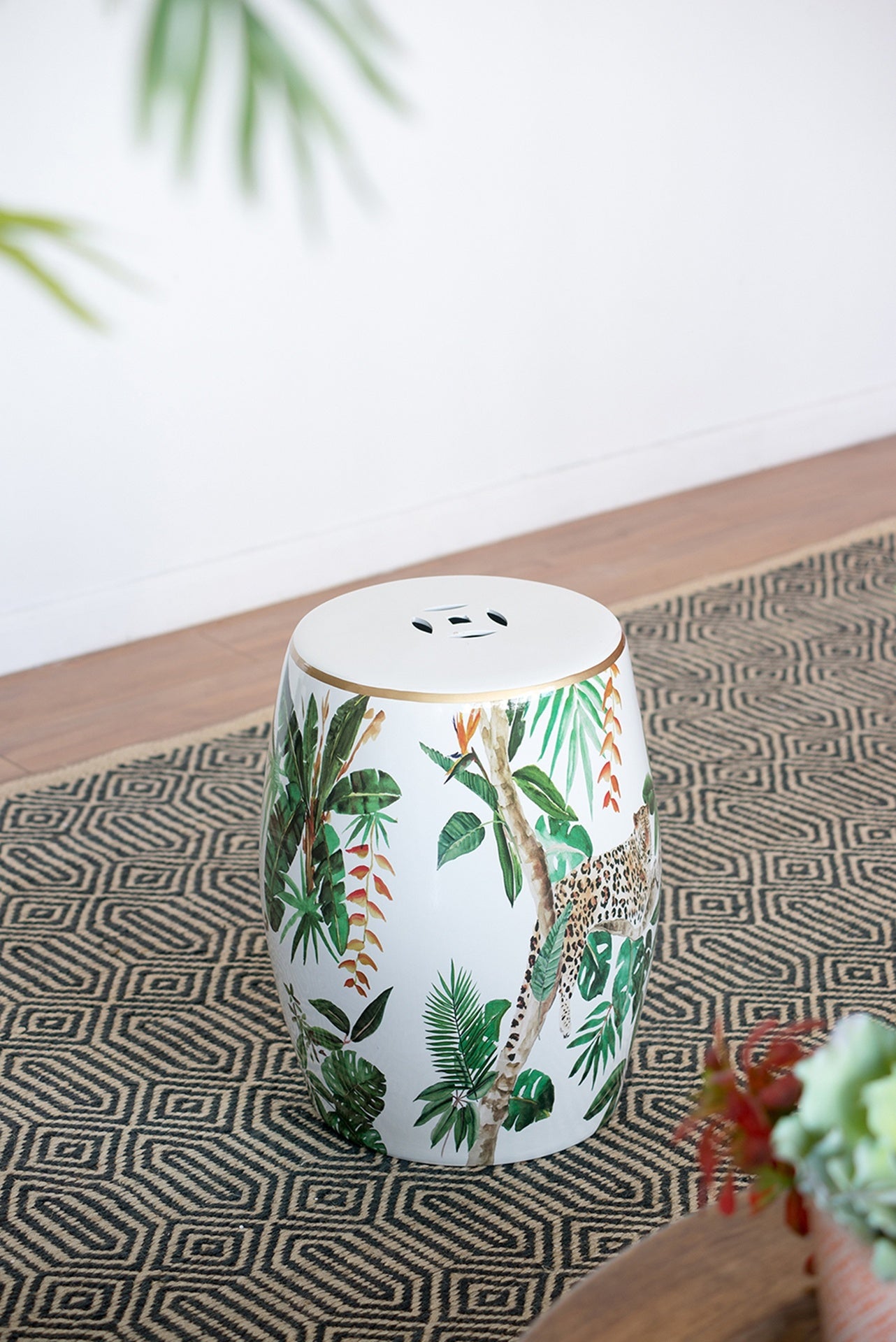 13x13x18" Ceramic Garden Stool, Jungle-themed Accent Side Table