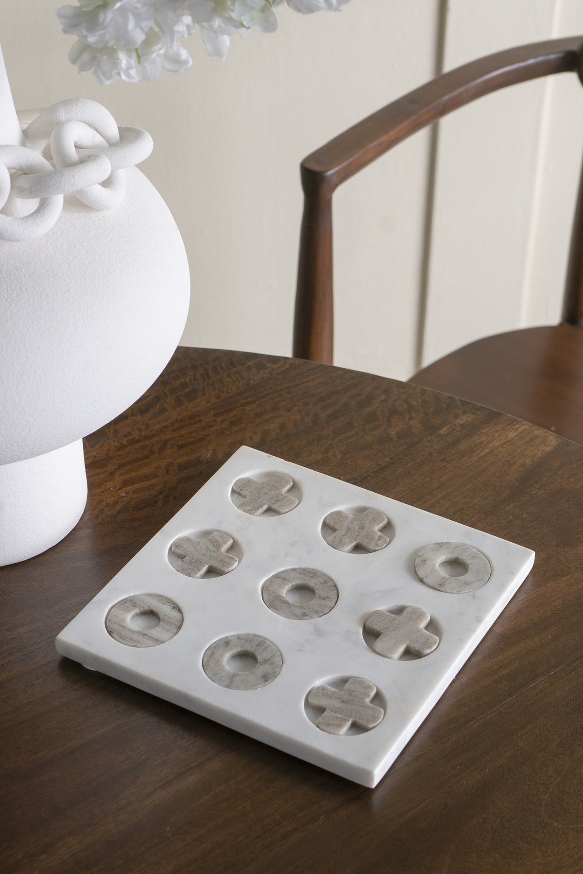 9x9" White Marble Tic-Tac-Toe Set With Natural Gray Pieces