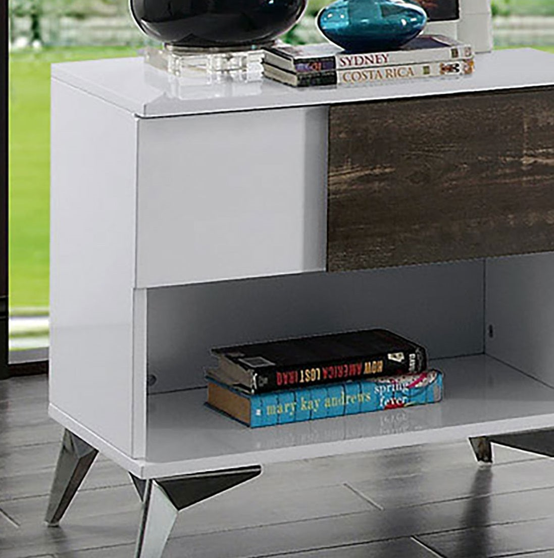 Modern Contemporary Style End Table White And Oak Finish Open Shelf Drawer Steel Legs Two Tone Design High Gloss Finish Wooden Panel Coffee Table-Not Include