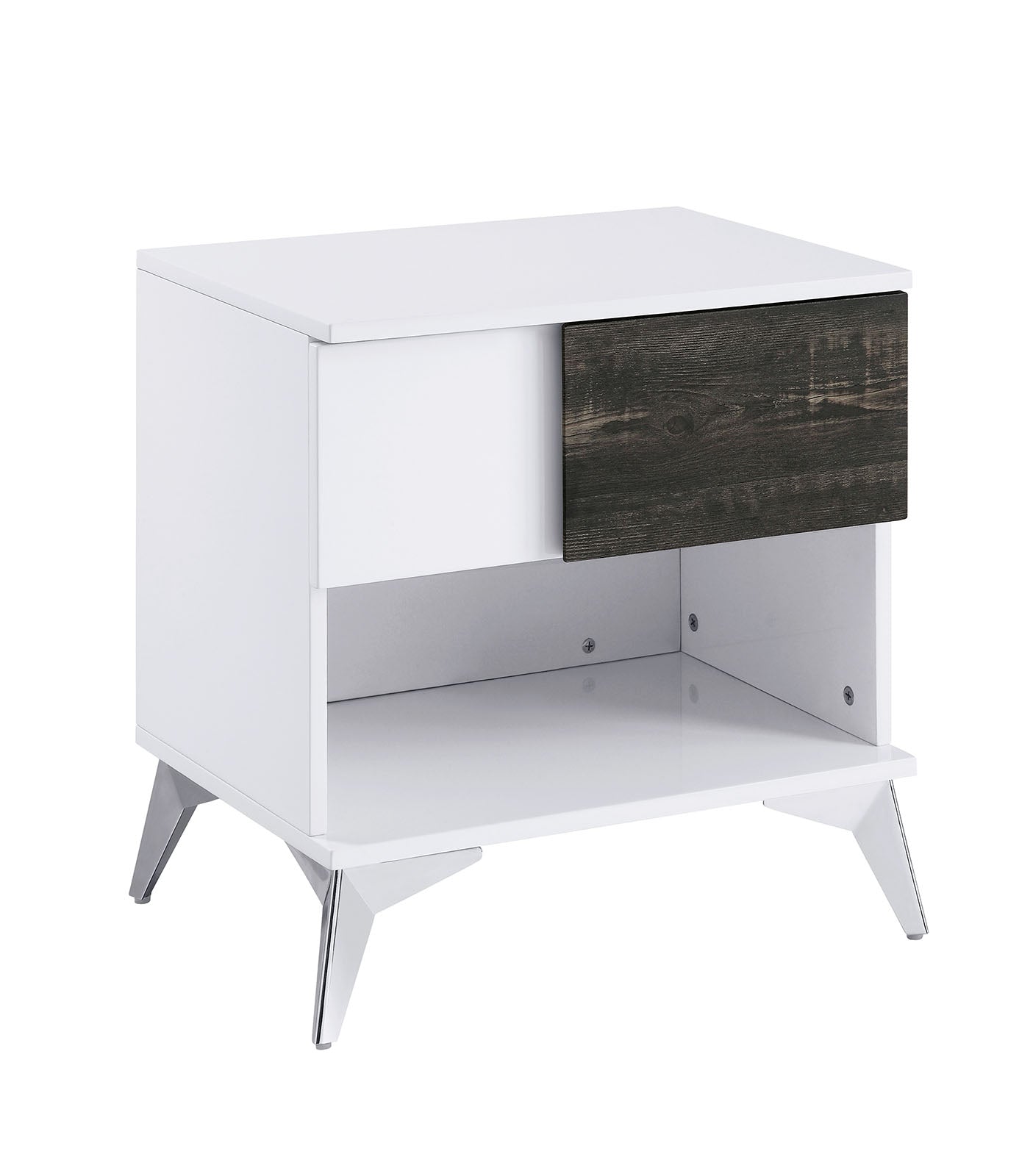 Modern Contemporary Style End Table White And Oak Finish Open Shelf Drawer Steel Legs Two Tone Design High Gloss Finish Wooden Panel Coffee Table-Not Include