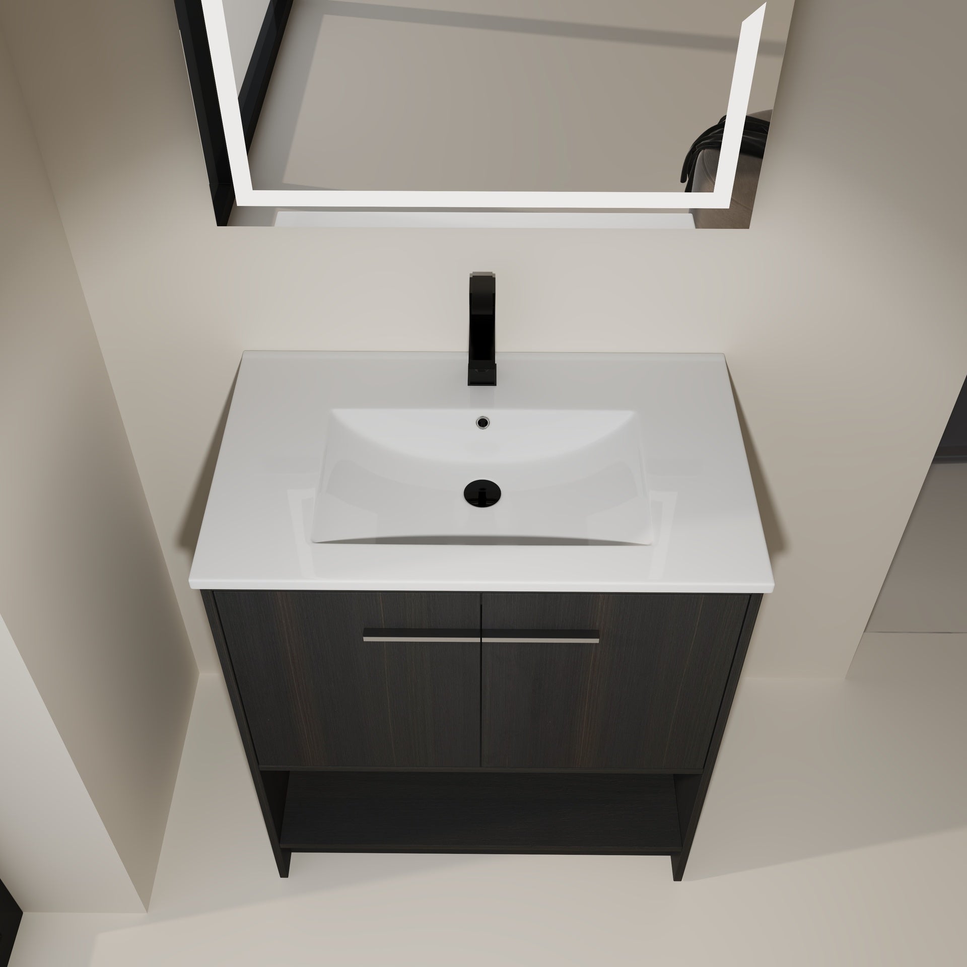 30" Bathroom Vanity with Ceramic Sink, 2 Soft Closing Doors, Freestanding Bathroom Cabinet Vanity, Plywood