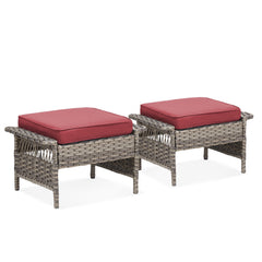 Outdoor PE Wicker Ottoman Set of 2, Patio Gray Rattan Footrests with Red Cushions for Backyard or Deck