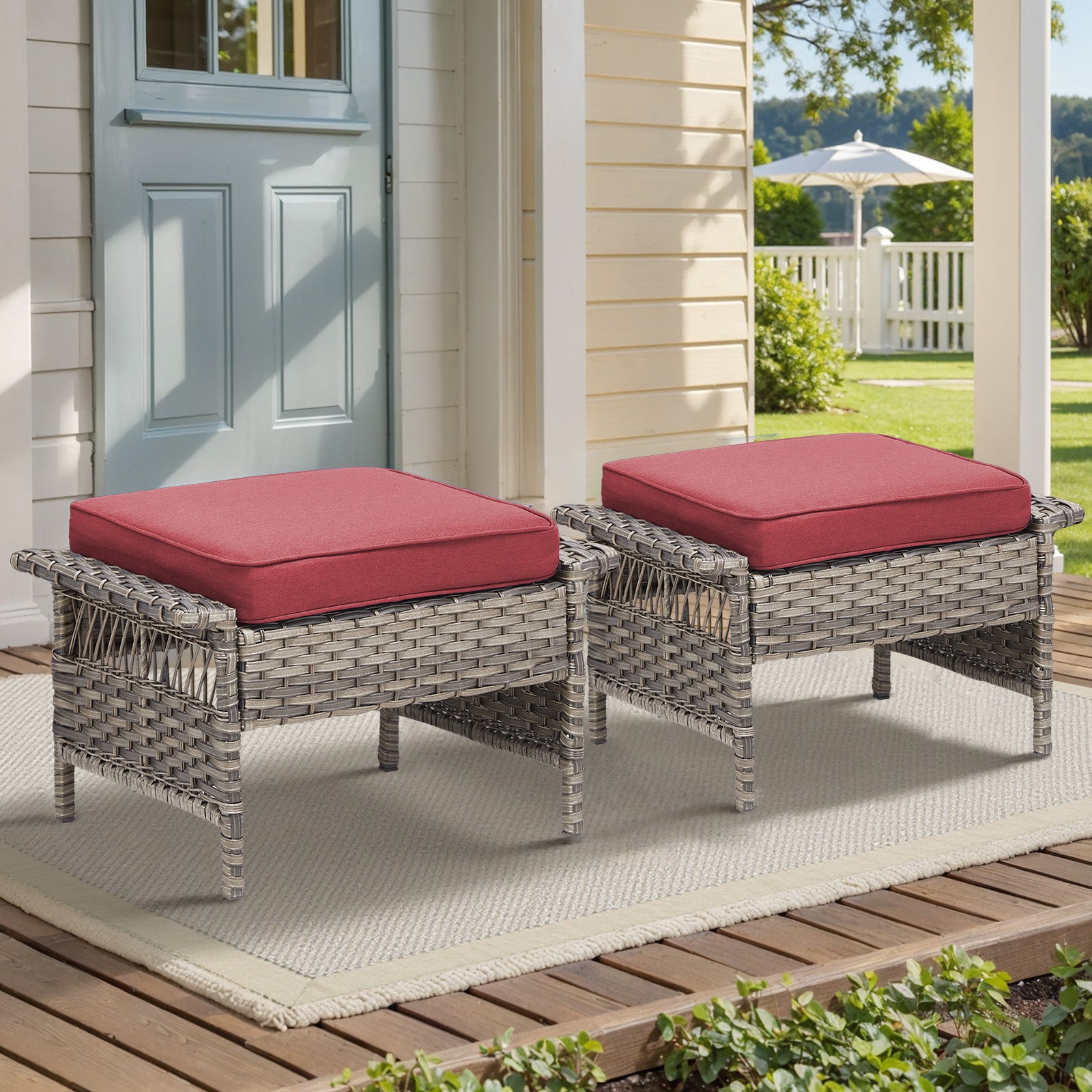 Outdoor PE Wicker Ottoman Set of 2, Patio Gray Rattan Footrests with Red Cushions for Backyard or Deck