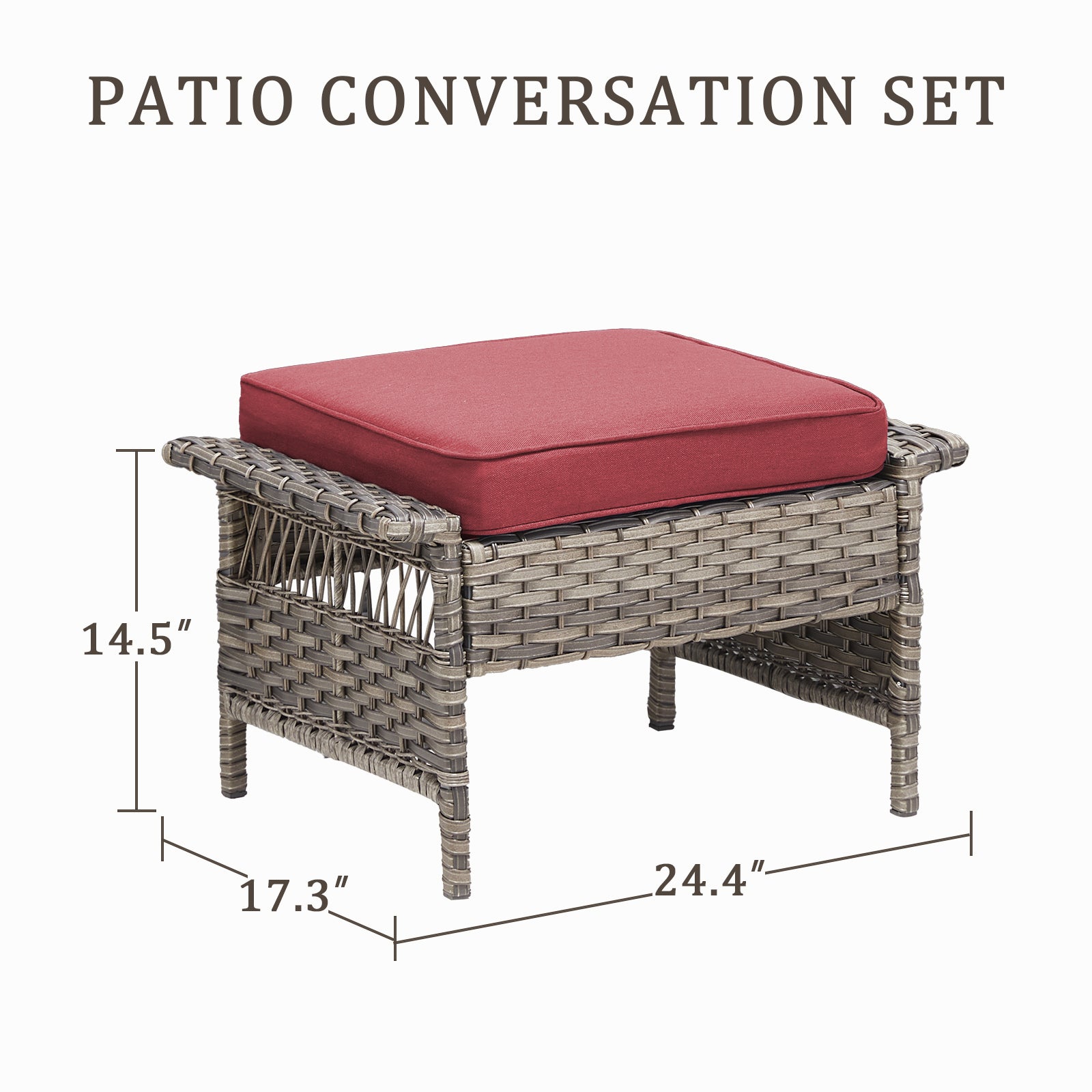 Outdoor PE Wicker Ottoman Set of 2, Patio Gray Rattan Footrests with Red Cushions for Backyard or Deck