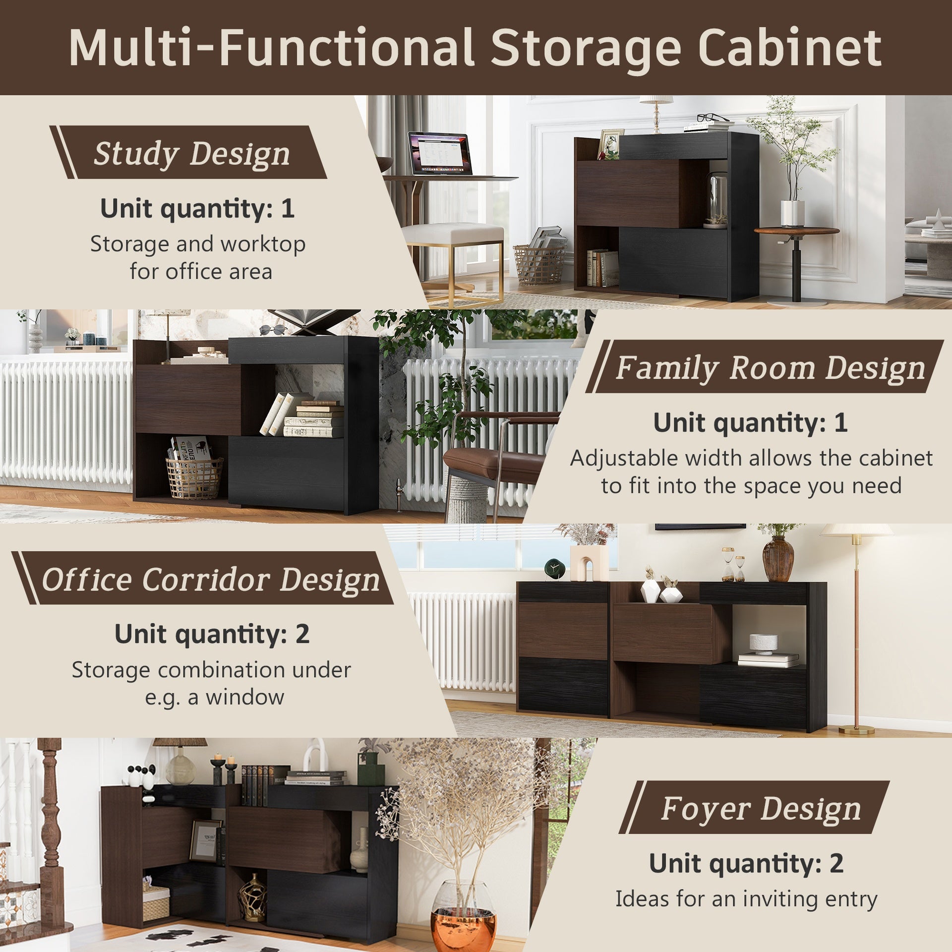 32.5''-58.8''W 40''H Multifuctional Storage Cabinet, Buffet Sideboard Cabinet with Drawer, Corner Cabinet for 44''H Window decor, Livingroom, Hallway, Entryway, Kitchen & Office  - Black & Walnut
