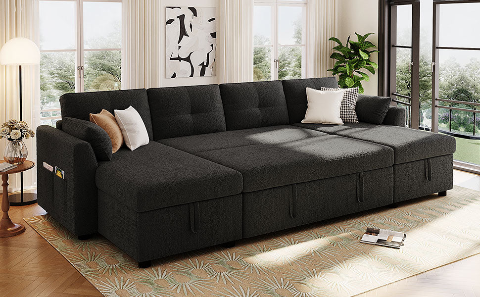 Modern Sectional Sofa U-shaped Sleeper Sofa 107" Sofa Bed with Ample Storage Space and USB ports for Living Room, Black