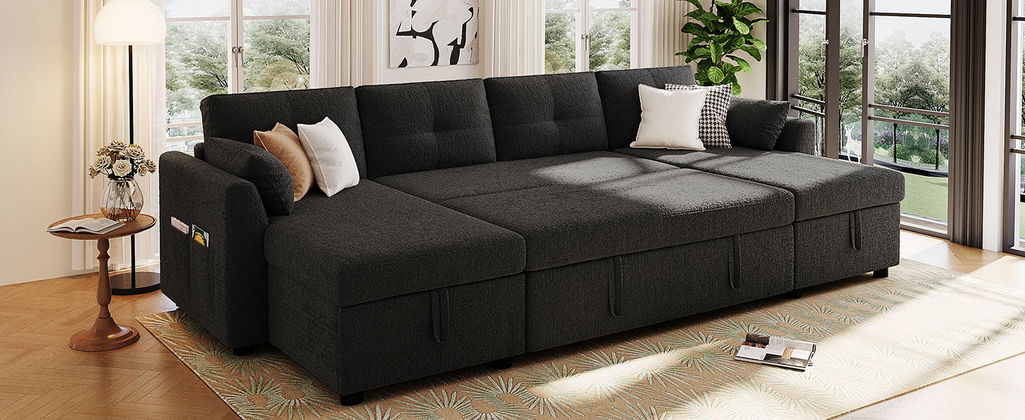 Modern Sectional Sofa U-shaped Sleeper Sofa 107" Sofa Bed with Ample Storage Space and USB ports for Living Room, Black