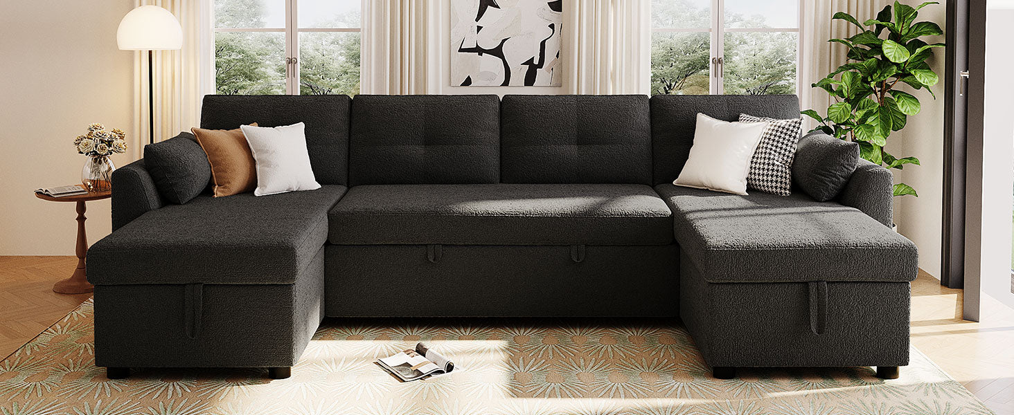 Modern Sectional Sofa U-shaped Sleeper Sofa 107" Sofa Bed with Ample Storage Space and USB ports for Living Room, Black