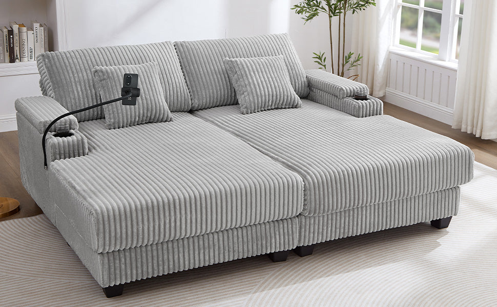 Modern Chaise Sofa 75.5" Chaise Lounge Sofa Loveseat Sofa Sleeper Sofa with Adjustable Backrest, Cup Holders , Phone Holder and Storage Compartments for Living Room, Grey