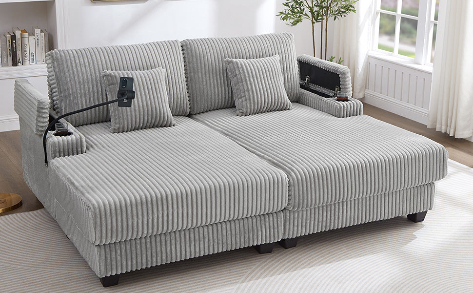 Modern Chaise Sofa 75.5" Chaise Lounge Sofa Loveseat Sofa Sleeper Sofa with Adjustable Backrest, Cup Holders , Phone Holder and Storage Compartments for Living Room, Grey