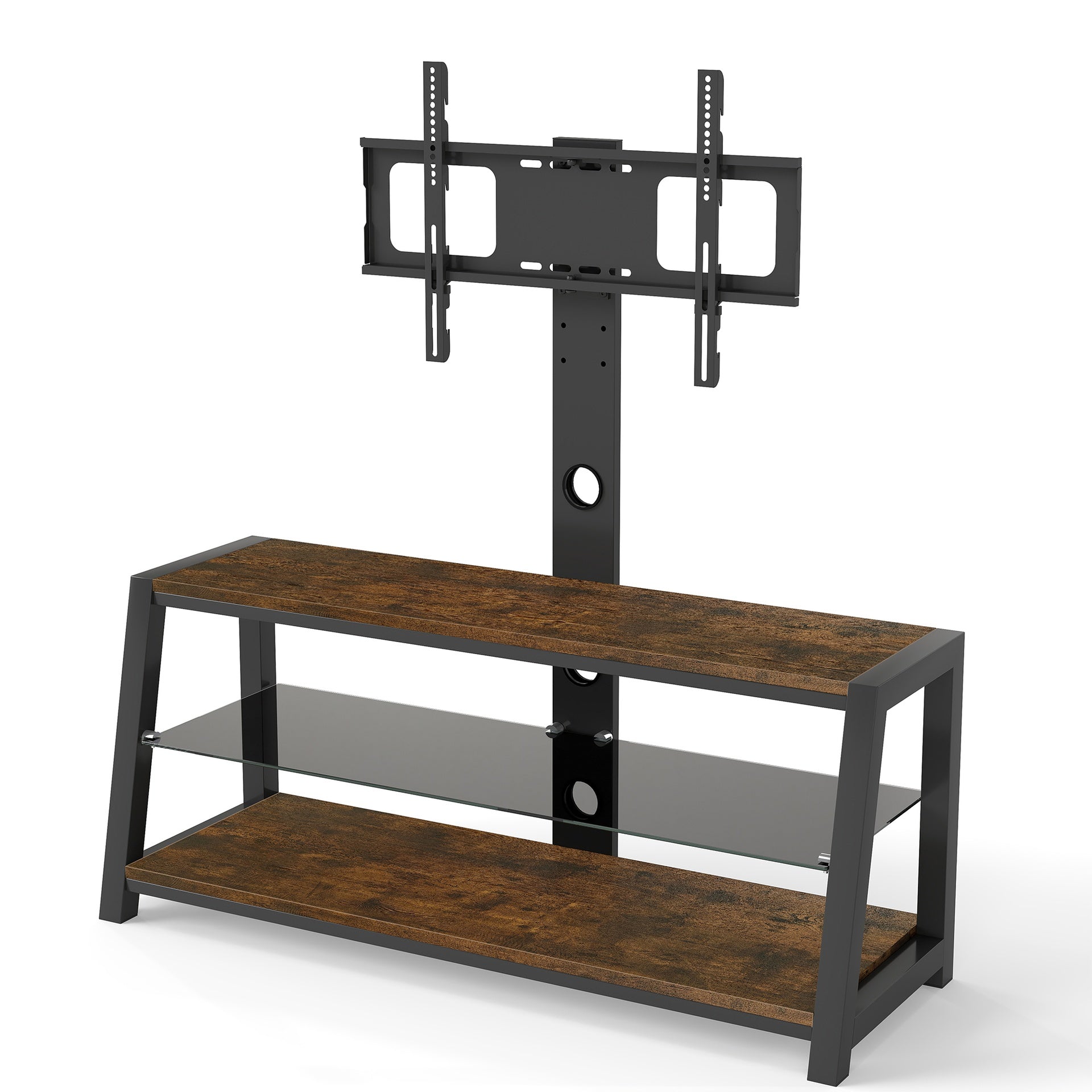 Wooden Storage TV Stand Black Tempered Glass Height Adjustable Universal Swivel Entertainment Center With Mount TV Stand, Rustic Browm