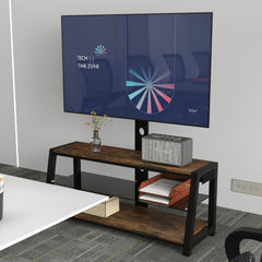 Wooden Storage TV Stand Black Tempered Glass Height Adjustable Universal Swivel Entertainment Center With Mount TV Stand, Rustic Browm