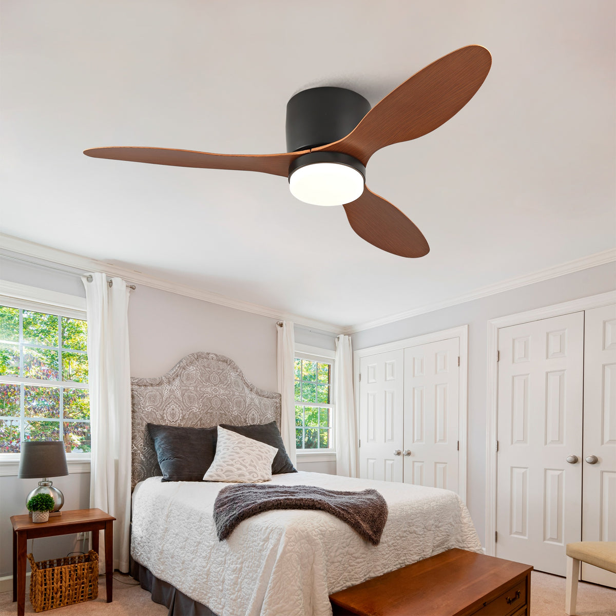 42 Inch Ceiling Fans with Lights, Flush Mount Low Profile, 3 ABS Blades Ceiling Fan with Light and Remote, 6-Speed, Reversible DC Motor, Noiseless, for Bedroom, Indoor/Outdoor, Black+Walnut