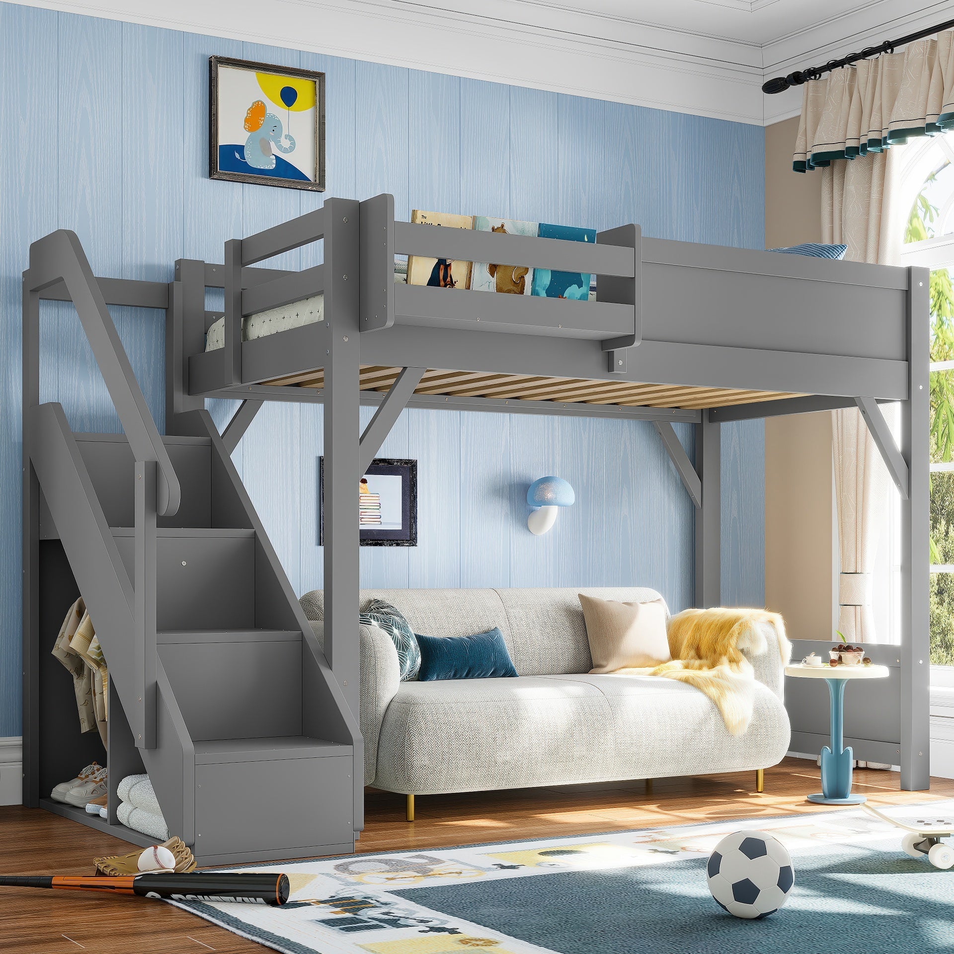 Twin Size Loft Bed with Built-in Wardrobe and Storage Space, Solid Wood Loft Bed with Beside Shelves, Full-length Guardrails and Stairs, No Box Spring Needed, Gray