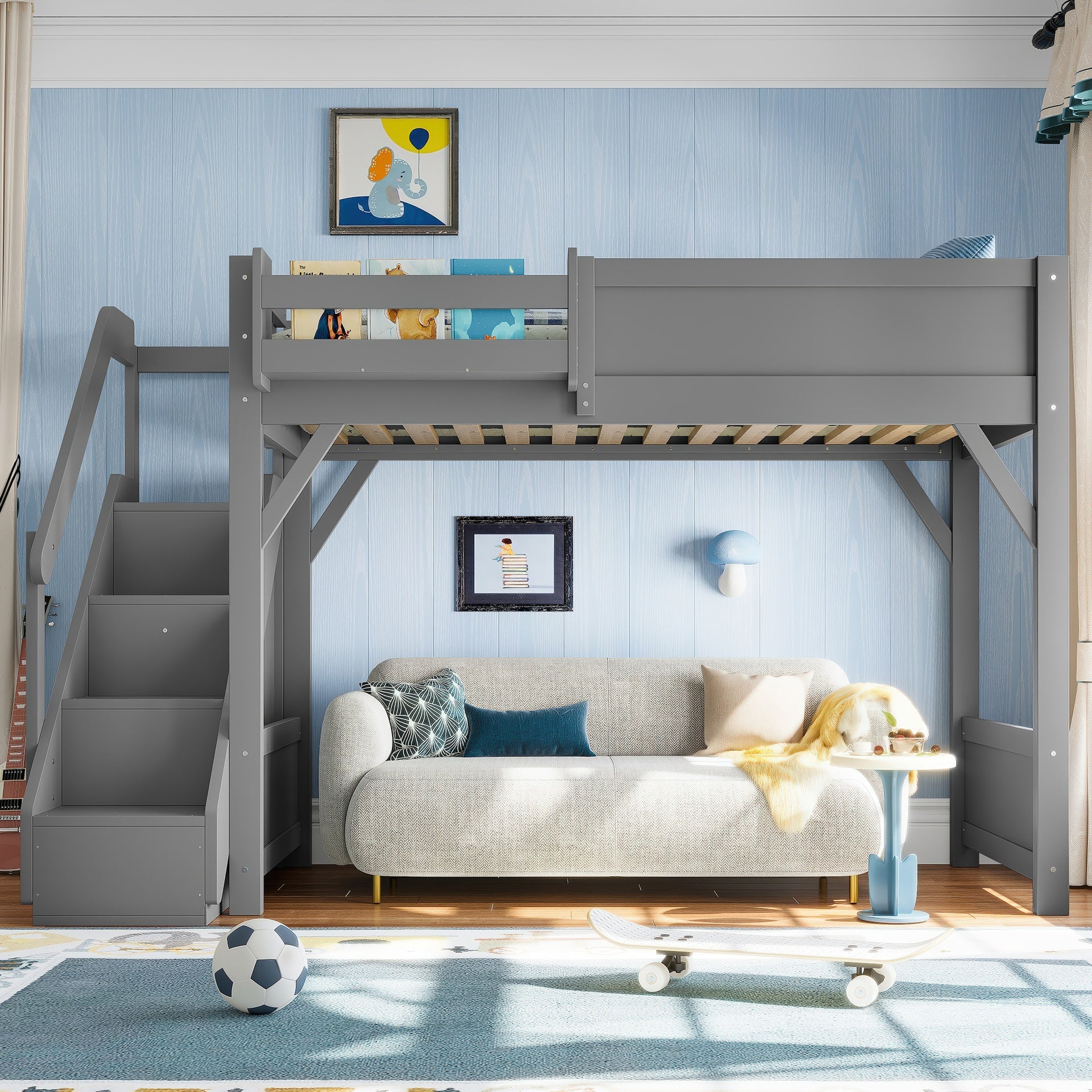 Twin Size Loft Bed with Built-in Wardrobe and Storage Space, Solid Wood Loft Bed with Beside Shelves, Full-length Guardrails and Stairs, No Box Spring Needed, Gray