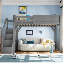 Twin Size Loft Bed with Built-in Wardrobe and Storage Space, Solid Wood Loft Bed with Beside Shelves, Full-length Guardrails and Stairs, No Box Spring Needed, Gray
