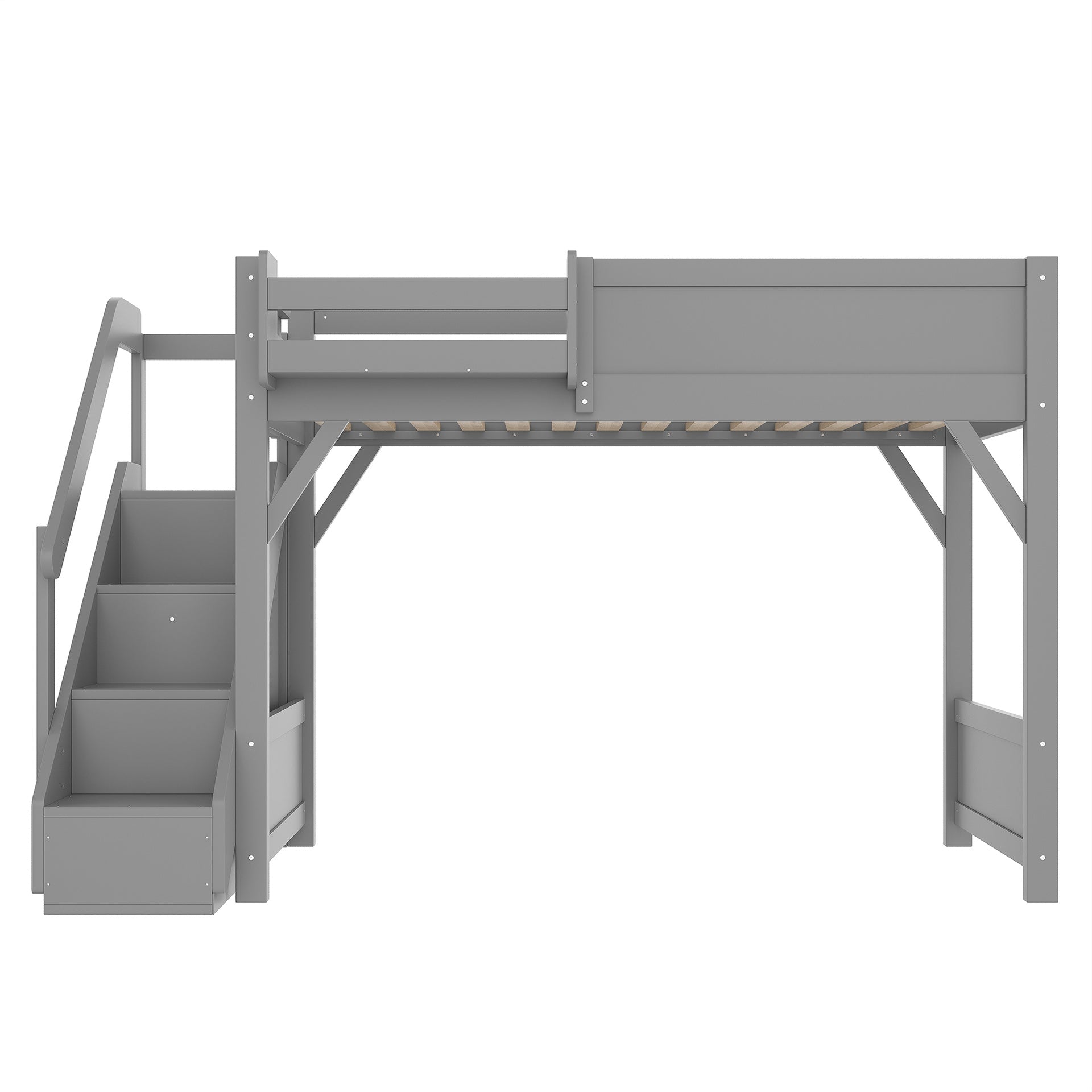 Twin Size Loft Bed with Built-in Wardrobe and Storage Space, Solid Wood Loft Bed with Beside Shelves, Full-length Guardrails and Stairs, No Box Spring Needed, Gray