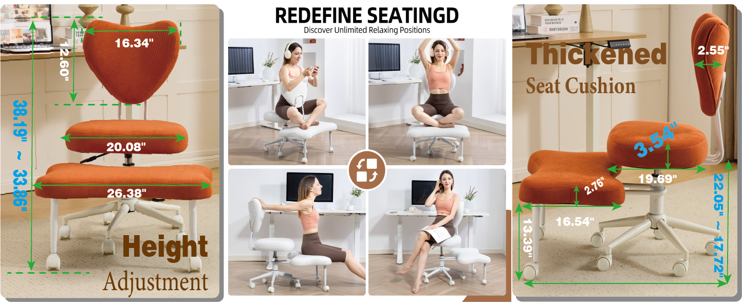 Meditation chair, an ergonomic cross-legged seating chair with lumbar support and a height-adjustable seat cushion, ideal for people engaged in high-intensity office work. ORANGE