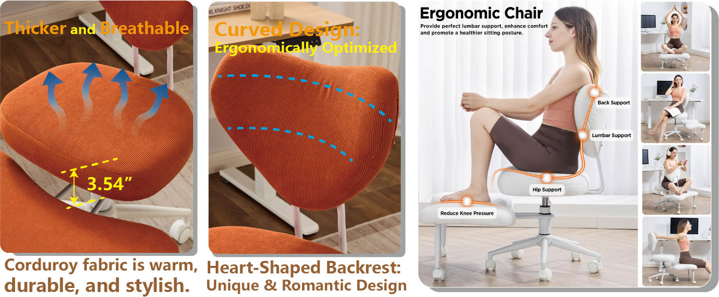 Meditation chair, an ergonomic cross-legged seating chair with lumbar support and a height-adjustable seat cushion, ideal for people engaged in high-intensity office work. ORANGE
