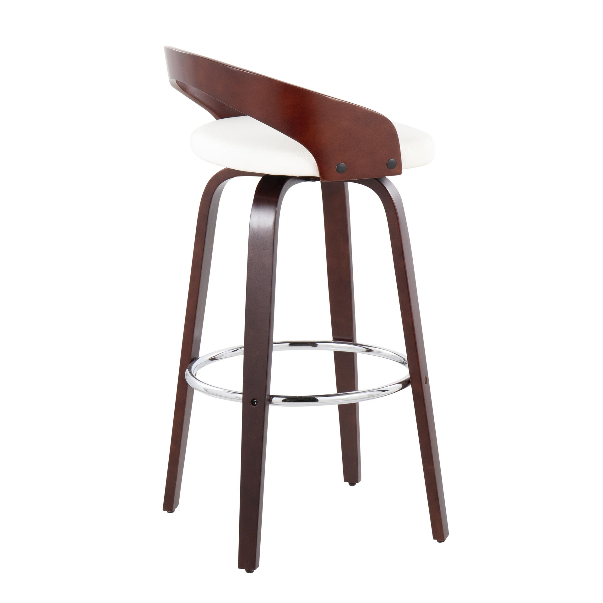 Grotto Mid-Century Modern Barstool with Swivel in Cherry with White Faux Leather by LumiSource - Set of 2