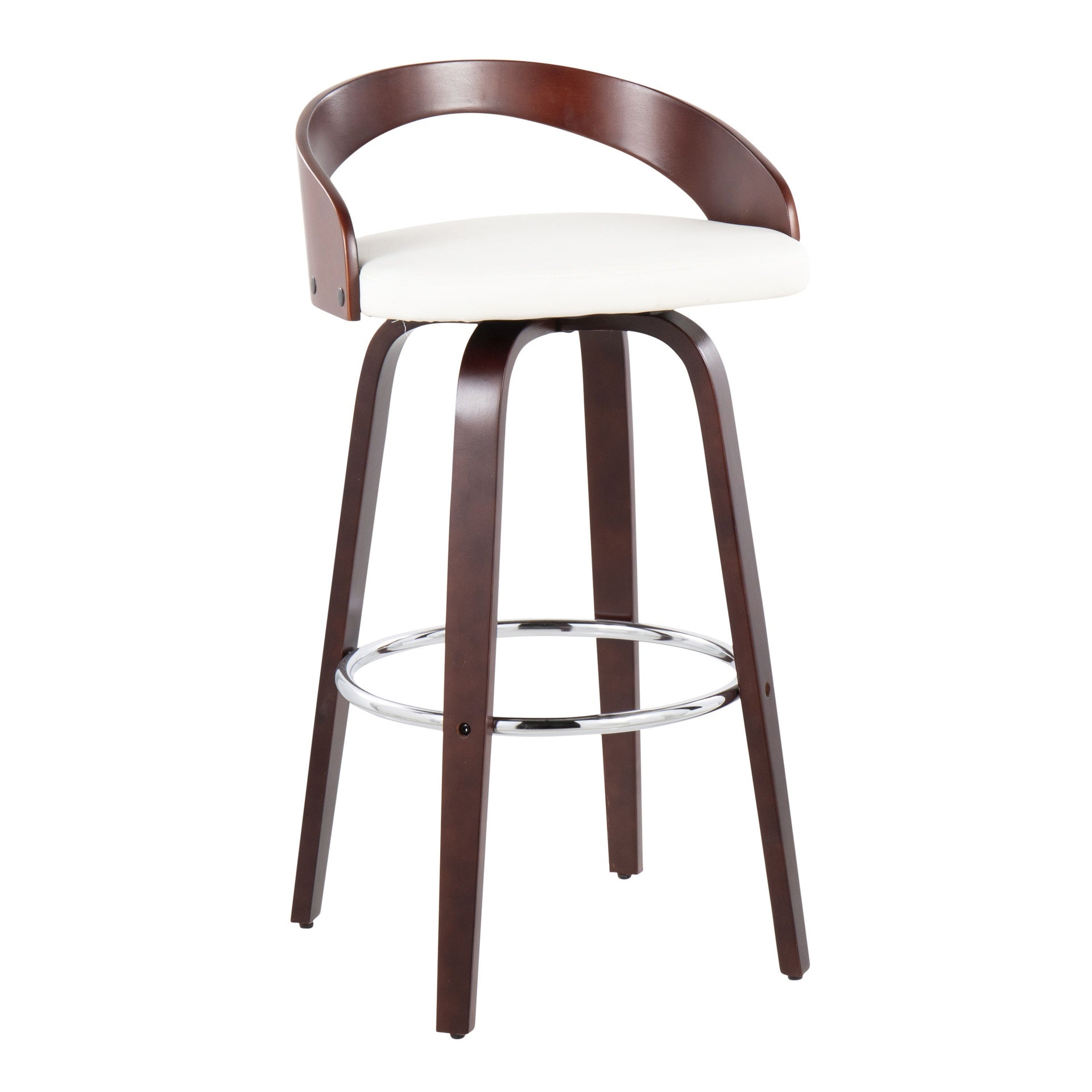 Grotto Mid-Century Modern Barstool with Swivel in Cherry with White Faux Leather by LumiSource - Set of 2