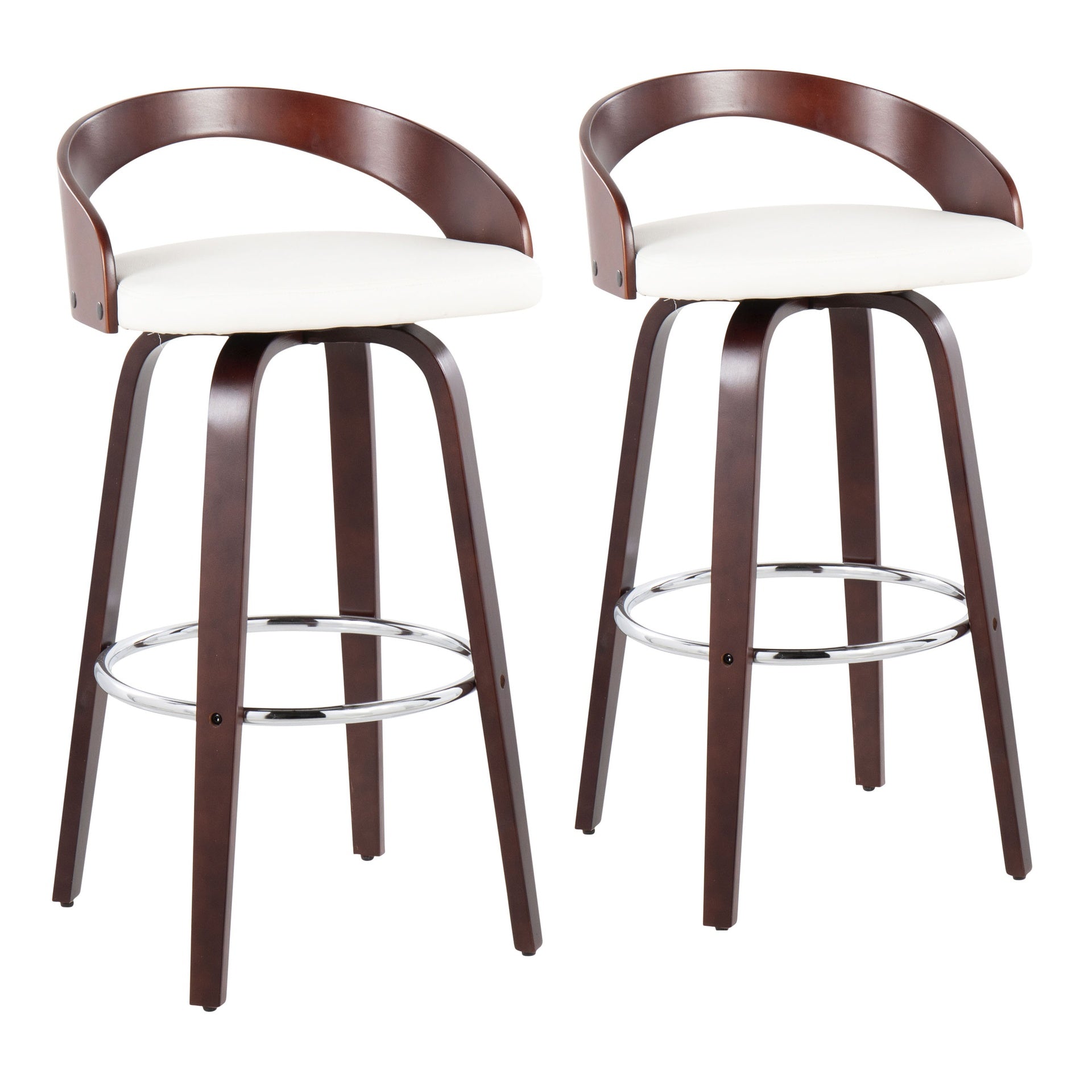 Grotto Mid-Century Modern Barstool with Swivel in Cherry with White Faux Leather by LumiSource - Set of 2