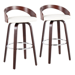 Grotto Mid-Century Modern Barstool with Swivel in Cherry with White Faux Leather by LumiSource - Set of 2