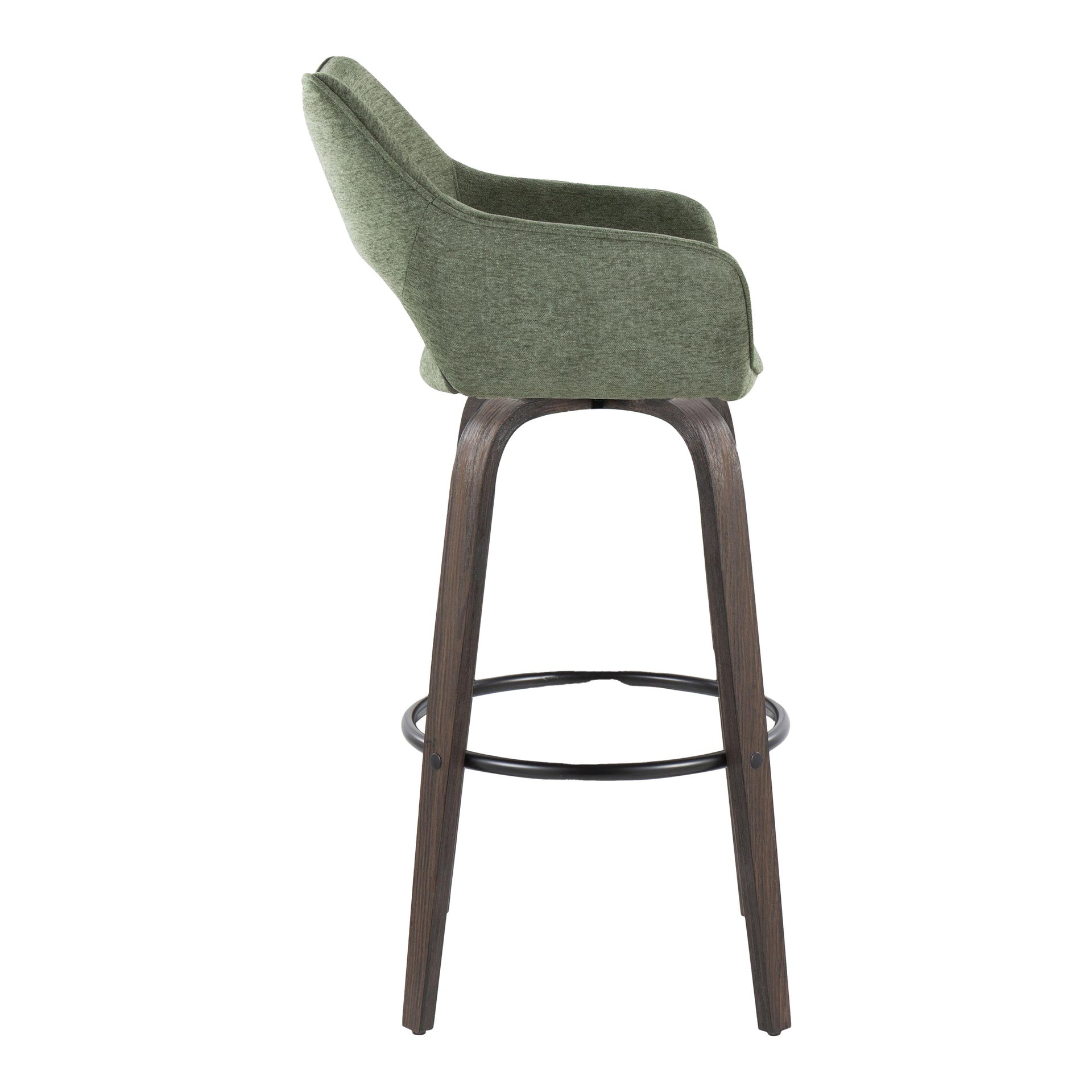 Mustang 30" Contemporary Fixed-Height Barstool with Swivel in Walnut Glazed Wood and Green Fabric with Round Black Metal Footrest by LumiSource - Set of 2