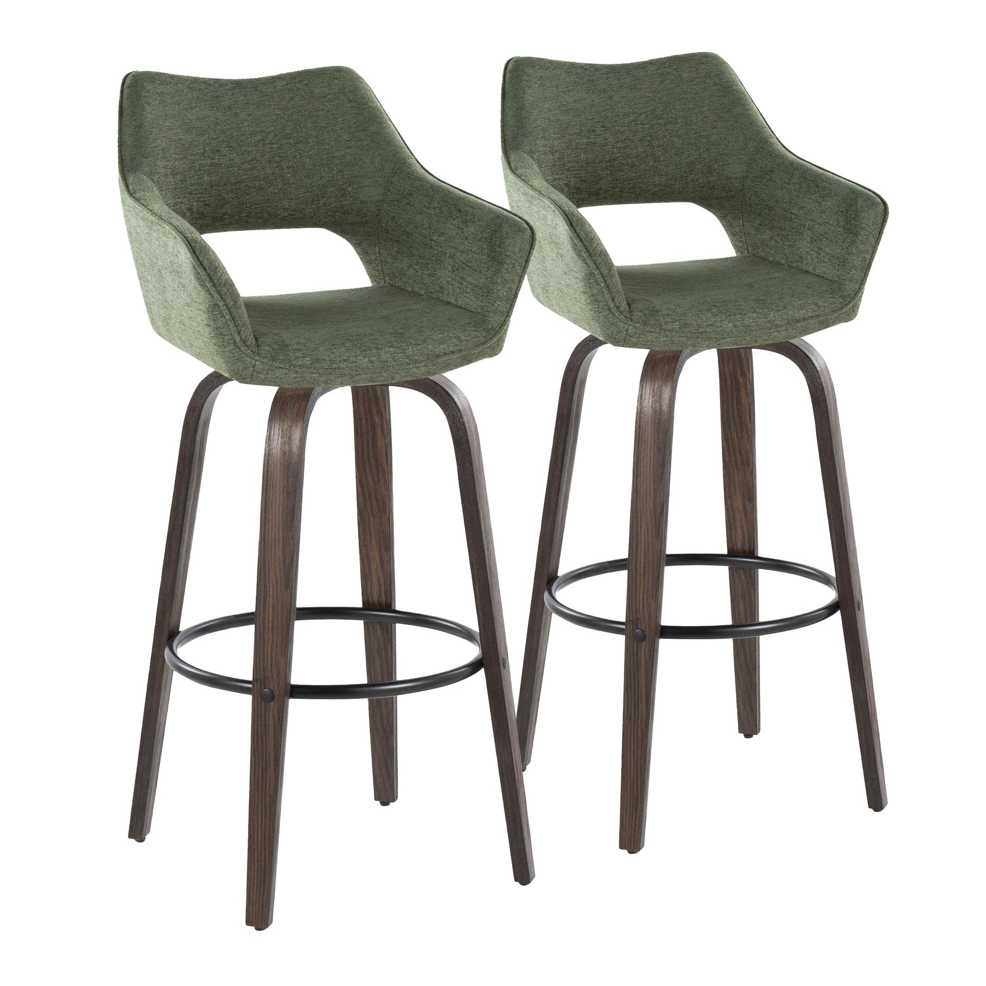 Mustang 30" Contemporary Fixed-Height Barstool with Swivel in Walnut Glazed Wood and Green Fabric with Round Black Metal Footrest by LumiSource - Set of 2